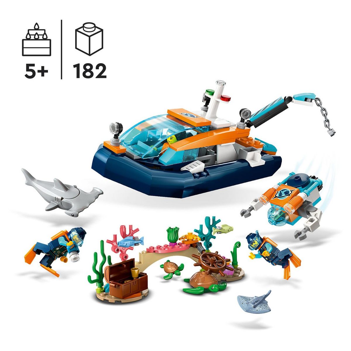 LEGO City 60377 - Le Bateau d'Exploration Sous-Marine, Jouet avec Mini Sous-Marin, Requin, Crabe, Tortue, Raie et Figurines Animaux Marins, Set de Plongée Sous-Marine