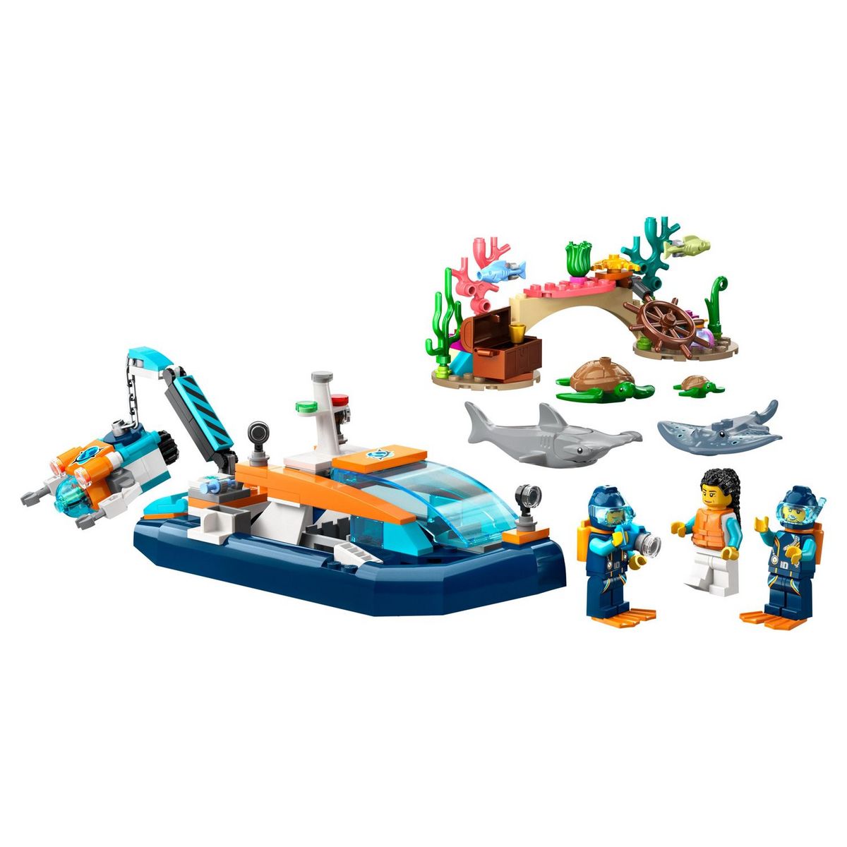 LEGO City 60377 - Le Bateau d'Exploration Sous-Marine, Jouet avec Mini Sous-Marin, Requin, Crabe, Tortue, Raie et Figurines Animaux Marins, Set de Plongée Sous-Marine