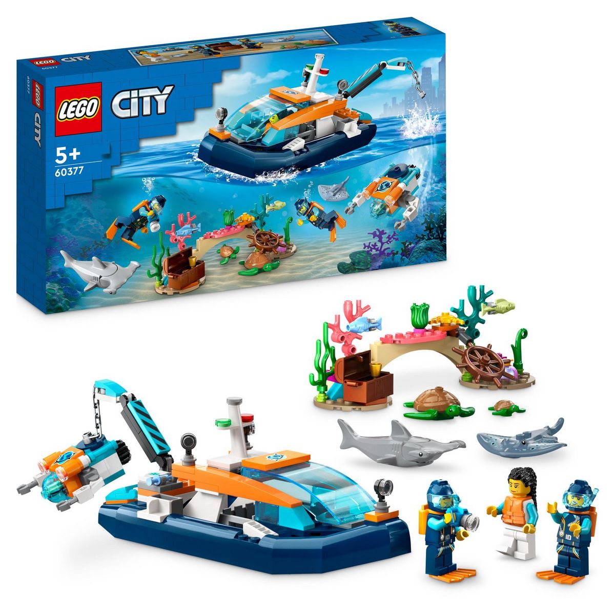LEGO City 60377 - Le Bateau d'Exploration Sous-Marine, Jouet avec Mini Sous-Marin, Requin, Crabe, Tortue, Raie et Figurines Animaux Marins, Set de Plongée Sous-Marine