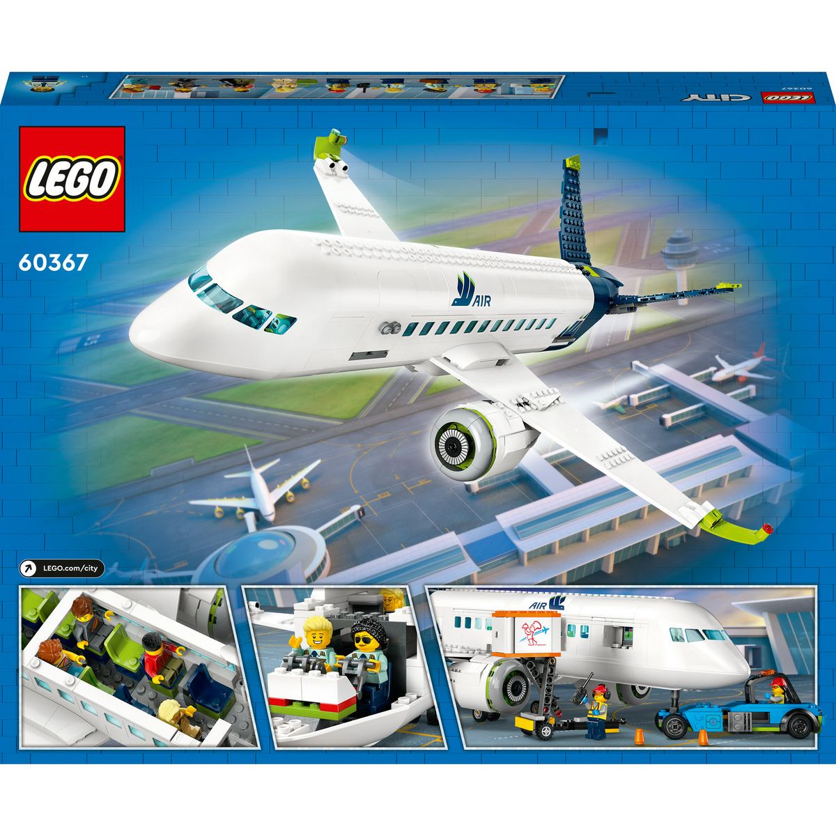 LEGO LEGO City 60367 L'Avion de Ligne, Jouet avec Bus de l'Aéroport, Remorqueur, Camion à Bagages et 9 Minifigurines