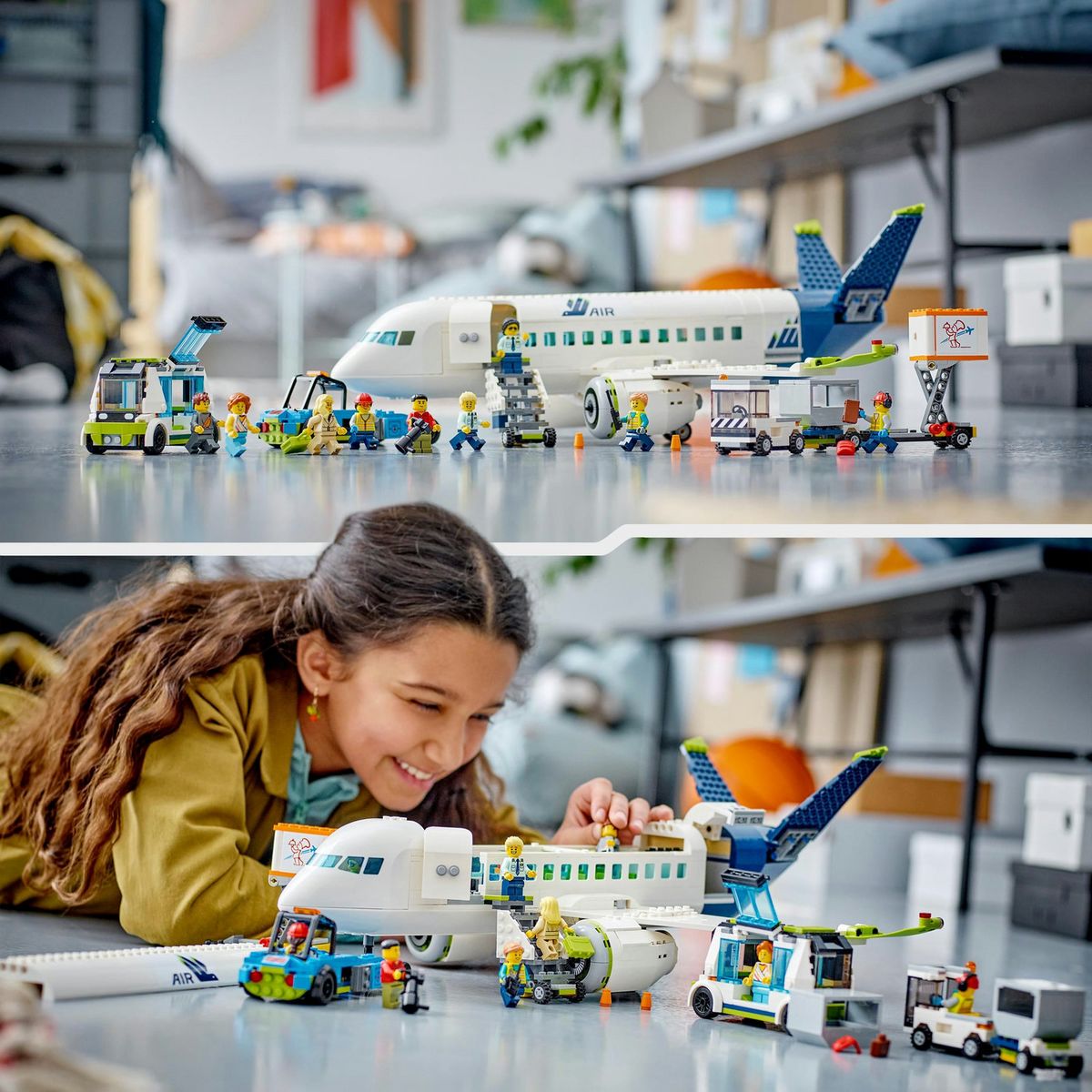 LEGO LEGO City 60367 L'Avion de Ligne, Jouet avec Bus de l'Aéroport, Remorqueur, Camion à Bagages et 9 Minifigurines