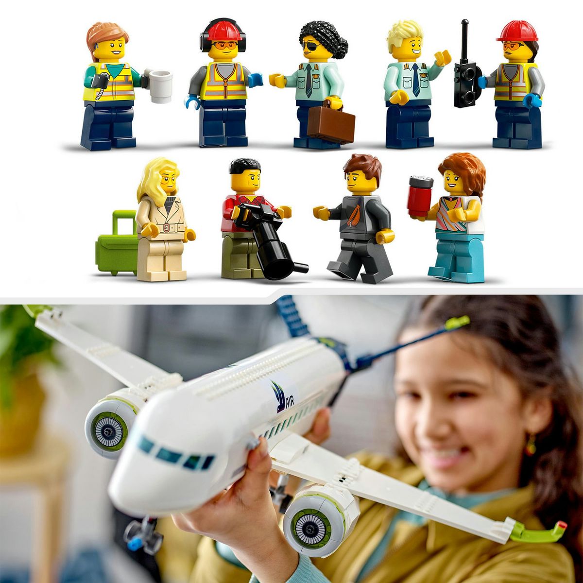 LEGO LEGO City 60367 L'Avion de Ligne, Jouet avec Bus de l'Aéroport, Remorqueur, Camion à Bagages et 9 Minifigurines