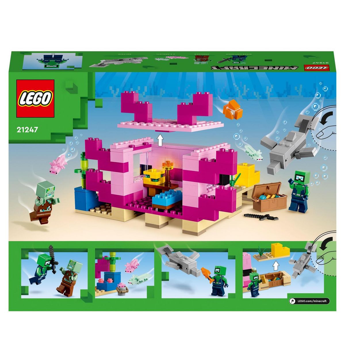 LEGO LEGO Minecraft 21247 La Maison Axolotl, Jouets pour Enfants avec Zombie, Dauphin et Poisson