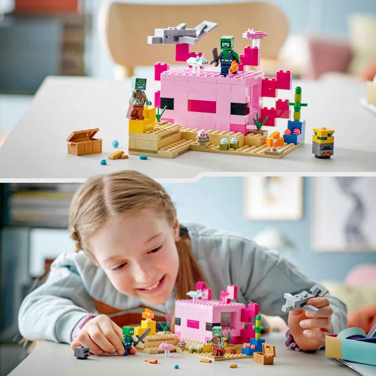 LEGO LEGO Minecraft 21247 La Maison Axolotl, Jouets pour Enfants avec Zombie, Dauphin et Poisson