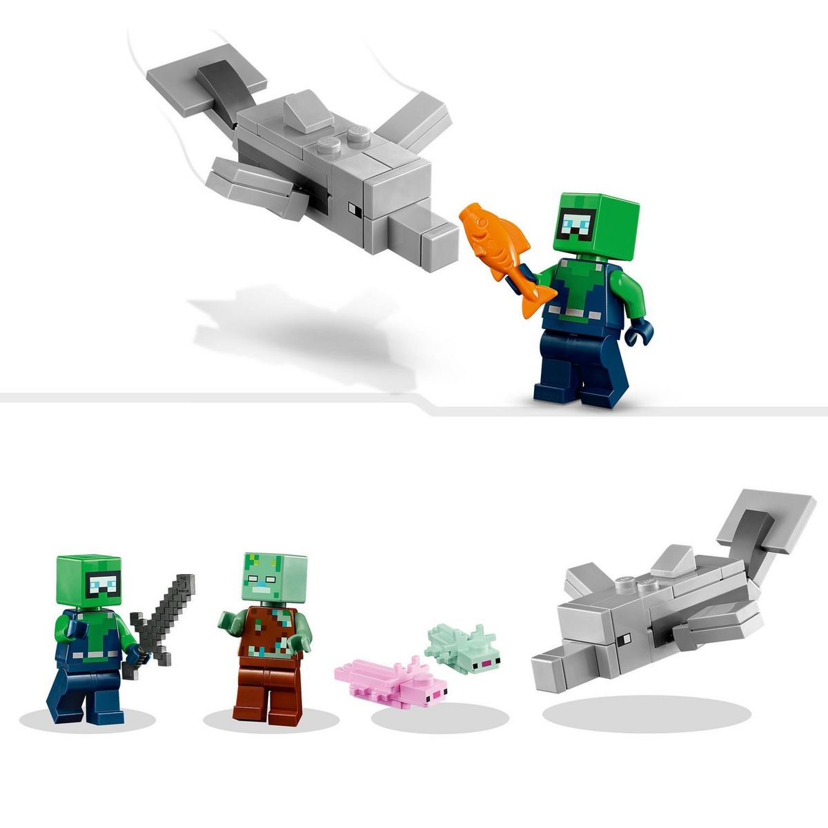 LEGO LEGO Minecraft 21247 La Maison Axolotl, Jouets pour Enfants avec Zombie, Dauphin et Poisson