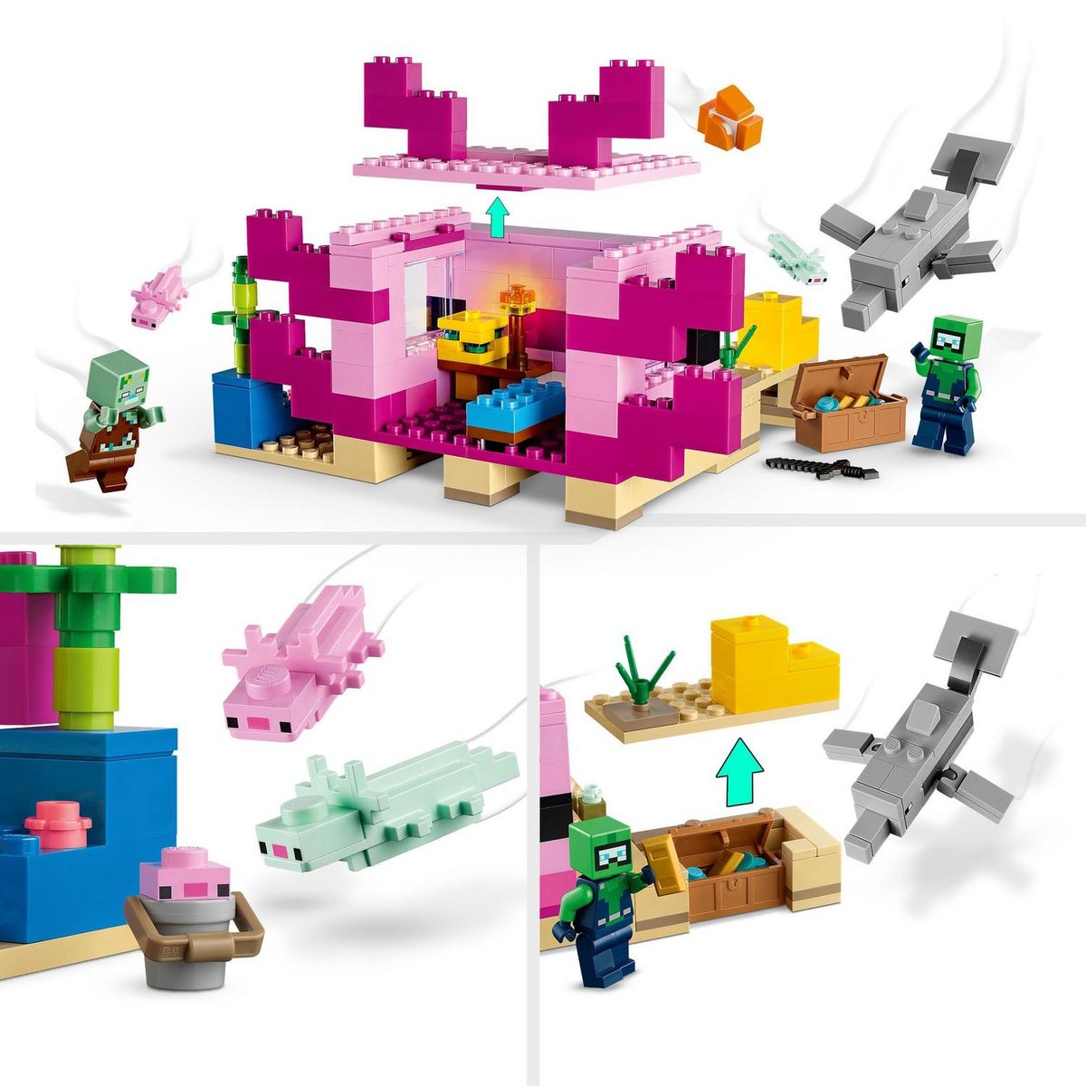 LEGO LEGO Minecraft 21247 La Maison Axolotl, Jouets pour Enfants avec Zombie, Dauphin et Poisson