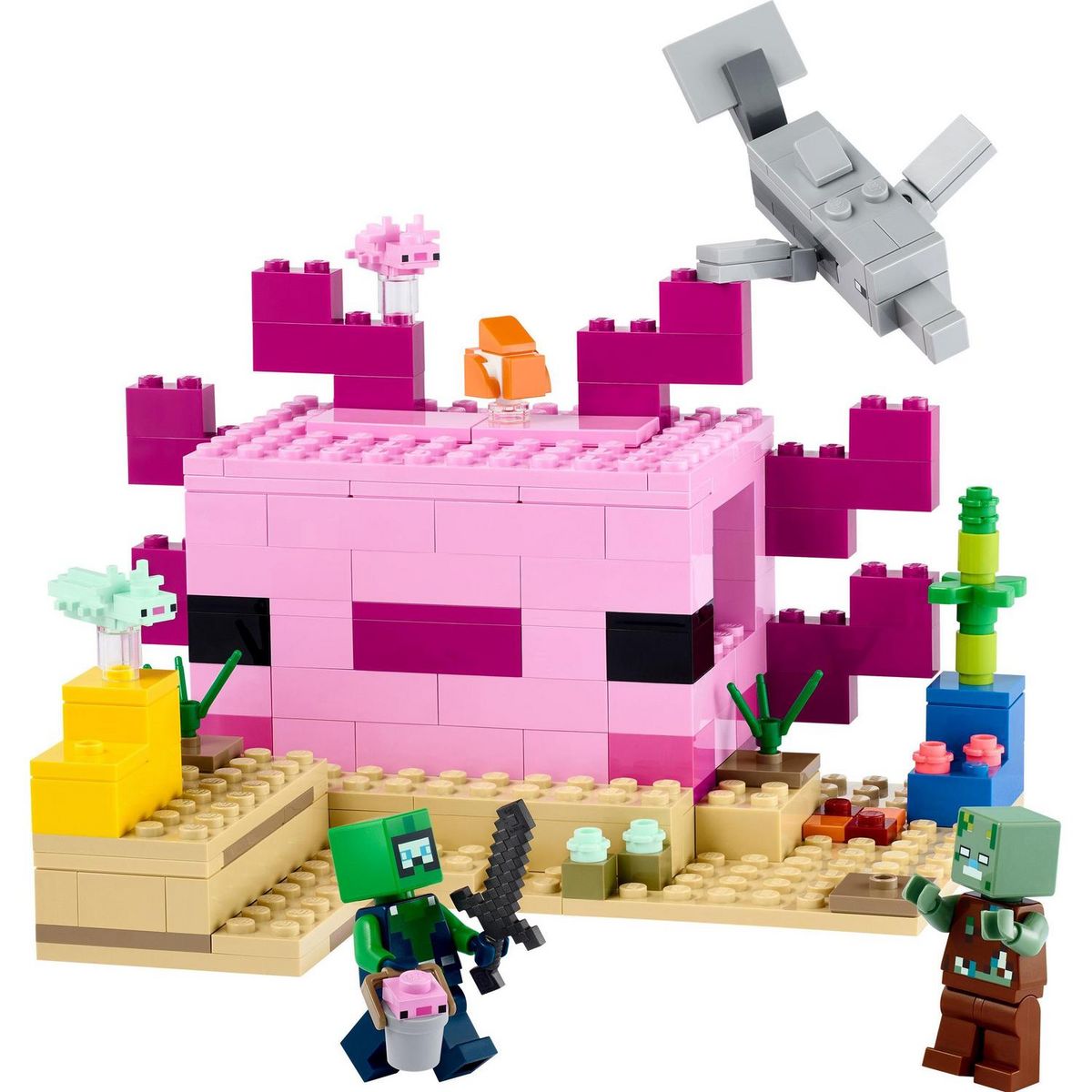 LEGO LEGO Minecraft 21247 La Maison Axolotl, Jouets pour Enfants avec Zombie, Dauphin et Poisson
