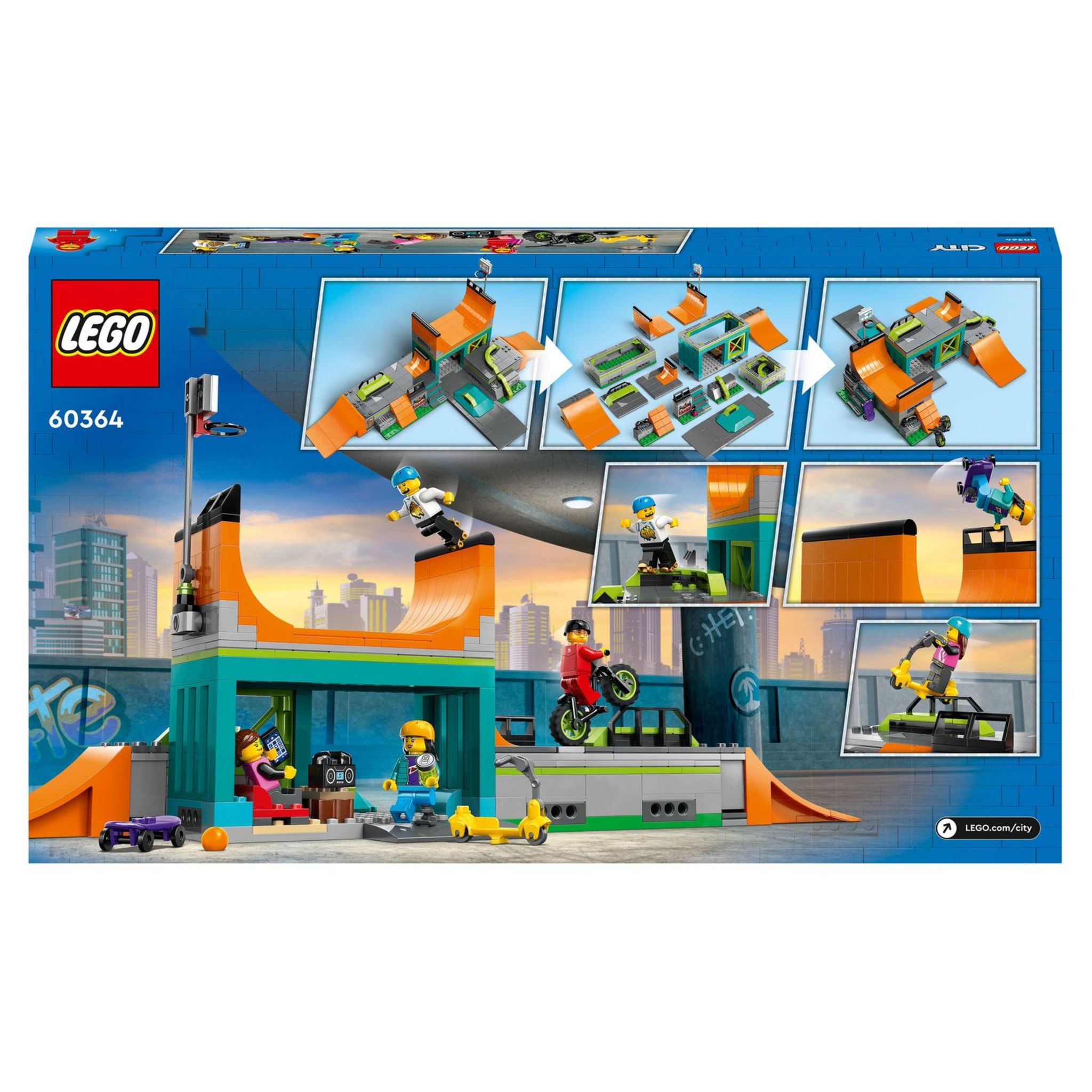 Voir la diapositive 2 : LEGO City 60364 - Le Skatepark Urbain, avec Vélo BMX, Skateboard, Trottinette, Rollers et 4 Minifigurines pour Réaliser des Stunts