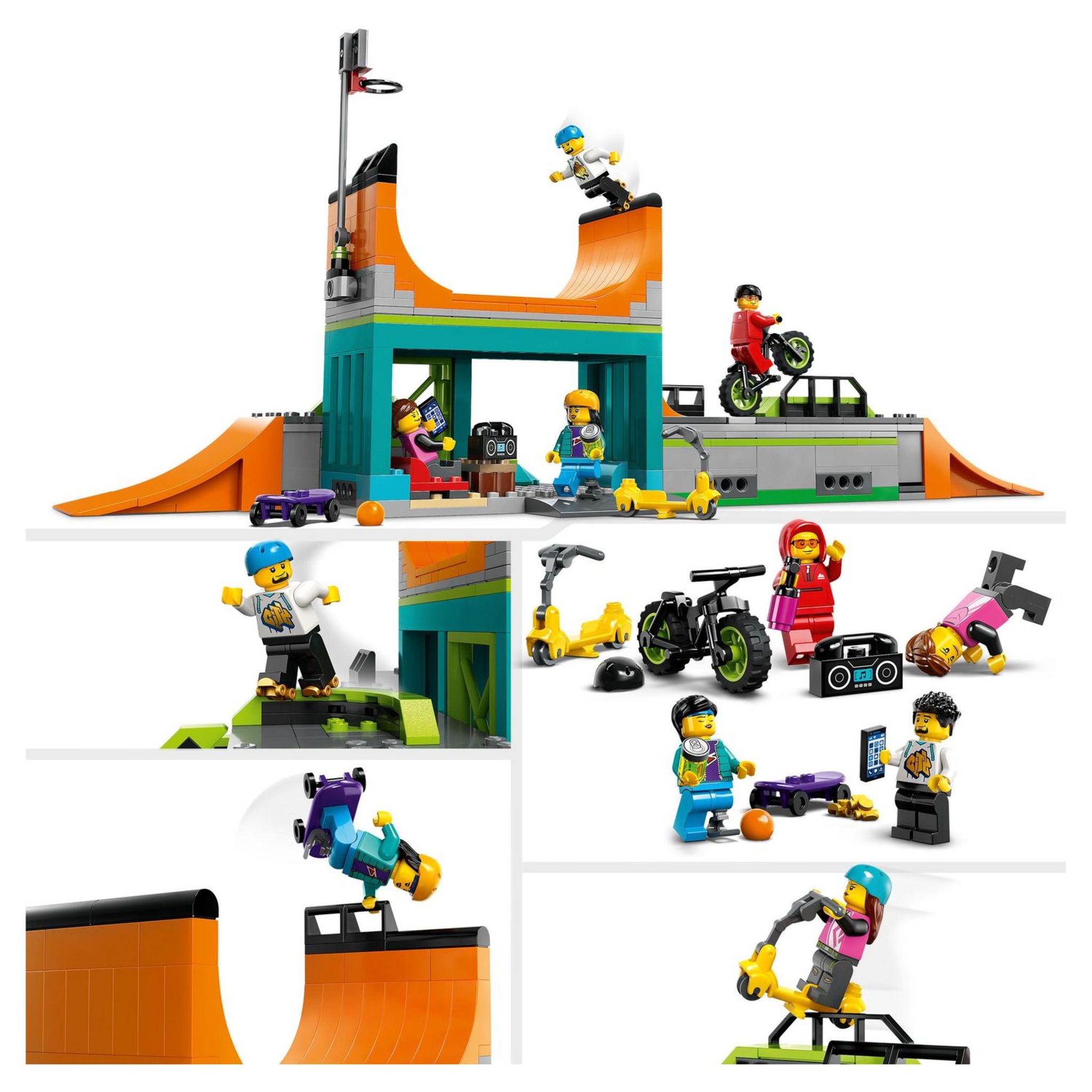 Voir la diapositive 5 : LEGO City 60364 - Le Skatepark Urbain, avec Vélo BMX, Skateboard, Trottinette, Rollers et 4 Minifigurines pour Réaliser des Stunts