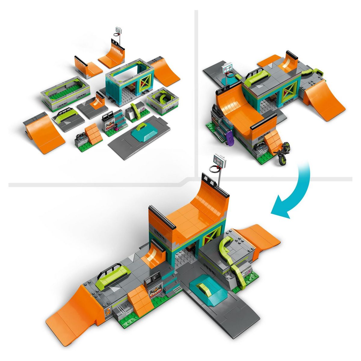 LEGO City 60364 - Le Skatepark Urbain, avec Vélo BMX, Skateboard, Trottinette, Rollers et 4 Minifigurines pour Réaliser des Stunts