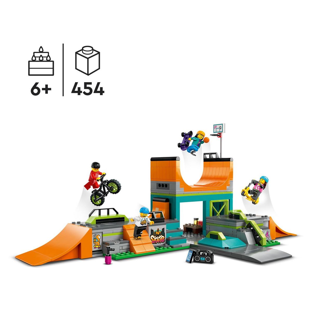 LEGO City 60364 - Le Skatepark Urbain, avec Vélo BMX, Skateboard, Trottinette, Rollers et 4 Minifigurines pour Réaliser des Stunts