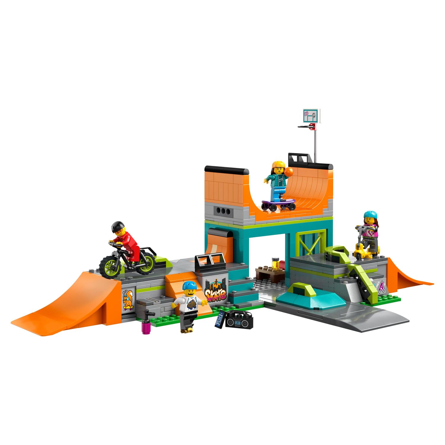 Voir la diapositive 8 : LEGO City 60364 - Le Skatepark Urbain, avec Vélo BMX, Skateboard, Trottinette, Rollers et 4 Minifigurines pour Réaliser des Stunts