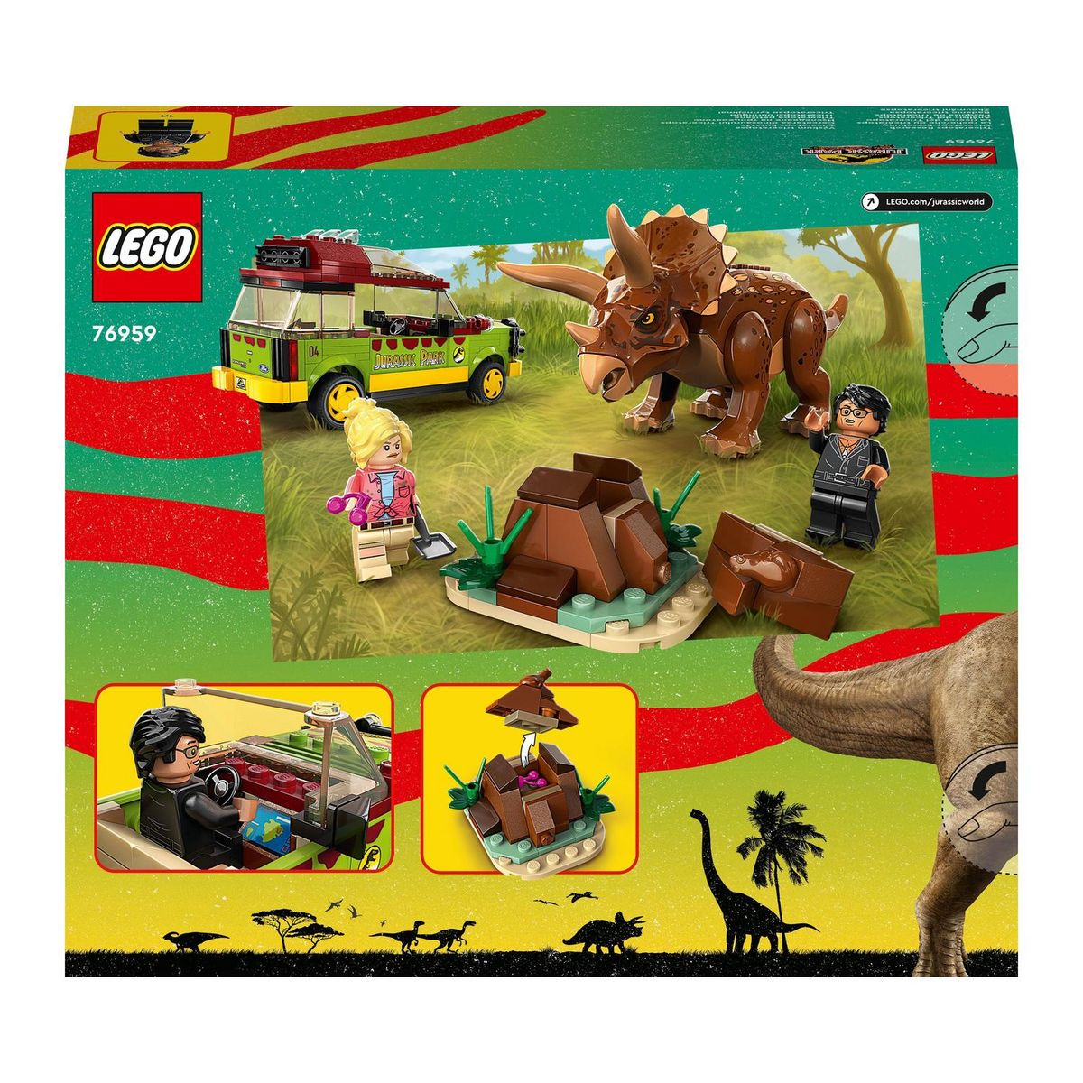 LEGO LEGO Jurassic Park 76959 La Recherche du Tricératops, Jouet de Voiture avec Figurine Dinosaure