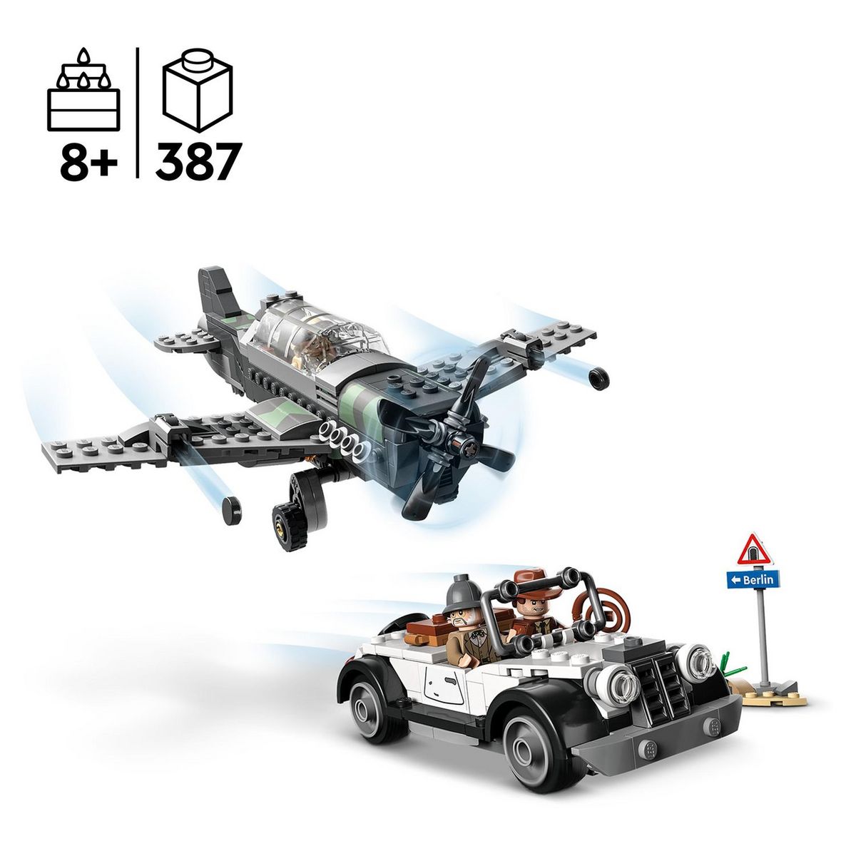 LEGO Indiana Jones 77012 - La Poursuite en Avion de Combat, Jouet avec Maquette Avion et Voiture Vintage à Construire, avec 3 Minifigurines, Film La Dernière Croisade