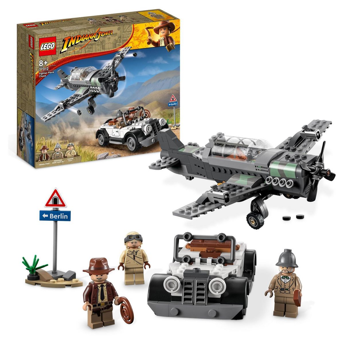 LEGO Indiana Jones 77012 - La Poursuite en Avion de Combat, Jouet avec Maquette Avion et Voiture Vintage à Construire, avec 3 Minifigurines, Film La Dernière Croisade
