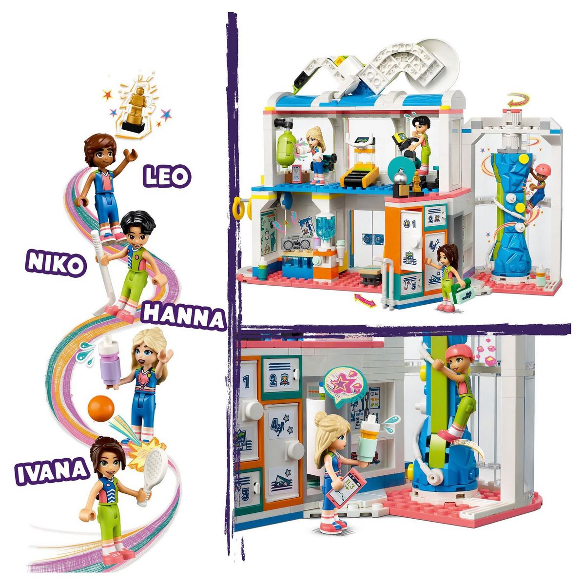 LEGO Friends 41744 - Le Centre Sportif, Jouet de Construction avec Jeux de Football, Basketball et Tennis plus Mur d'Escalade et 4 Mini-Poupées, Heartlake City