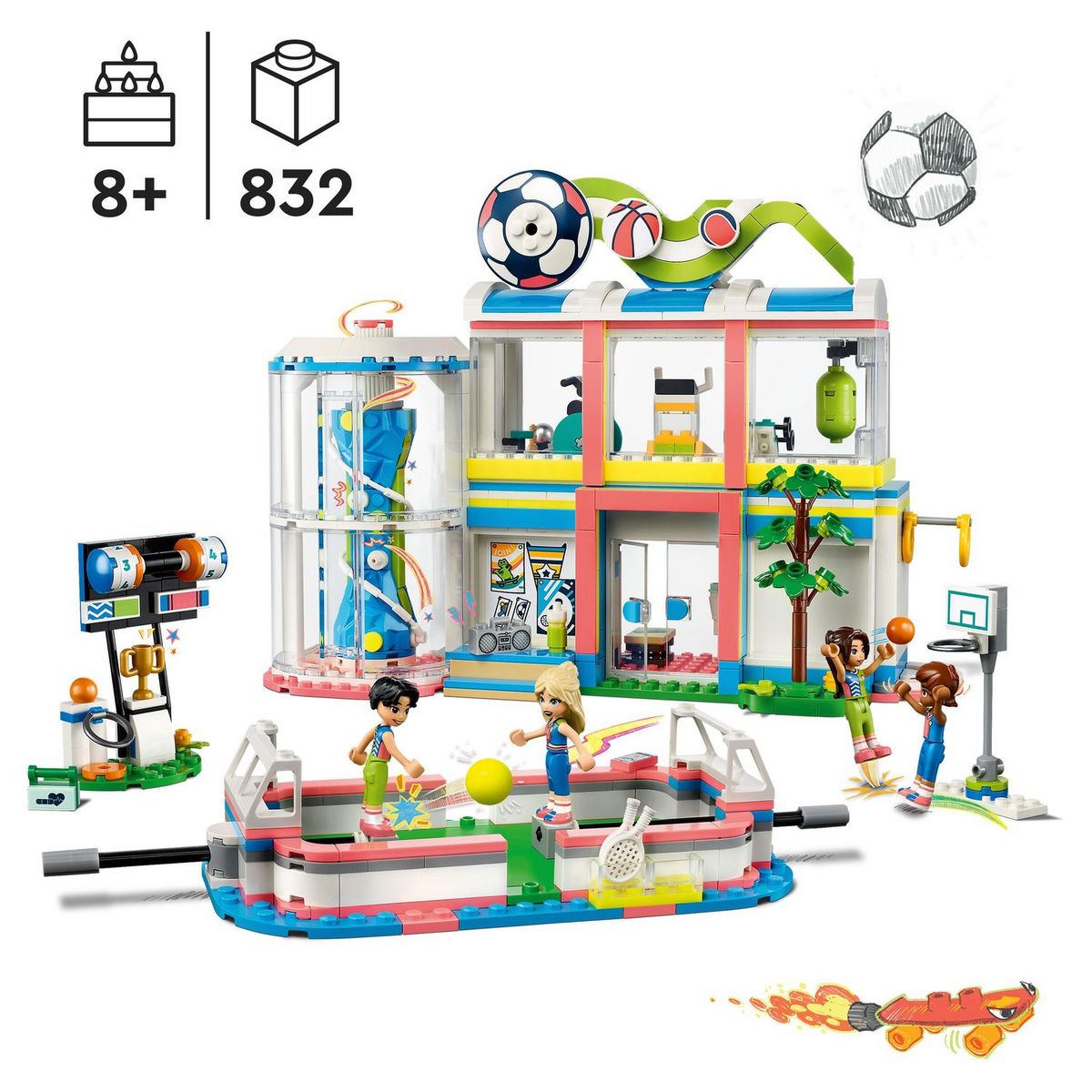 LEGO Friends 41744 - Le Centre Sportif, Jouet de Construction avec Jeux de Football, Basketball et Tennis plus Mur d'Escalade et 4 Mini-Poupées, Heartlake City