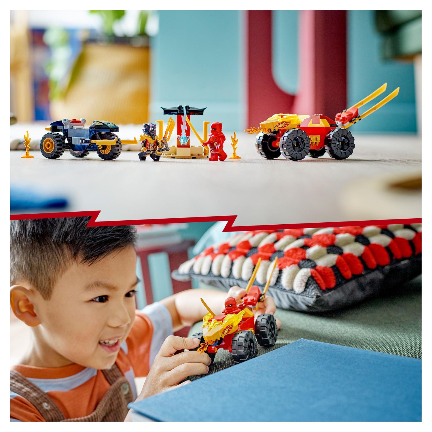 Voir la diapositive 4 : LEGO NINJAGO 71789 - Le Combat en Voiture et en Moto de Kai et Ras, Jouet Ninja de Course pour Enfants Dès 4 Ans avec 2 Minifigurines de la série TV L'ascension des Dragons