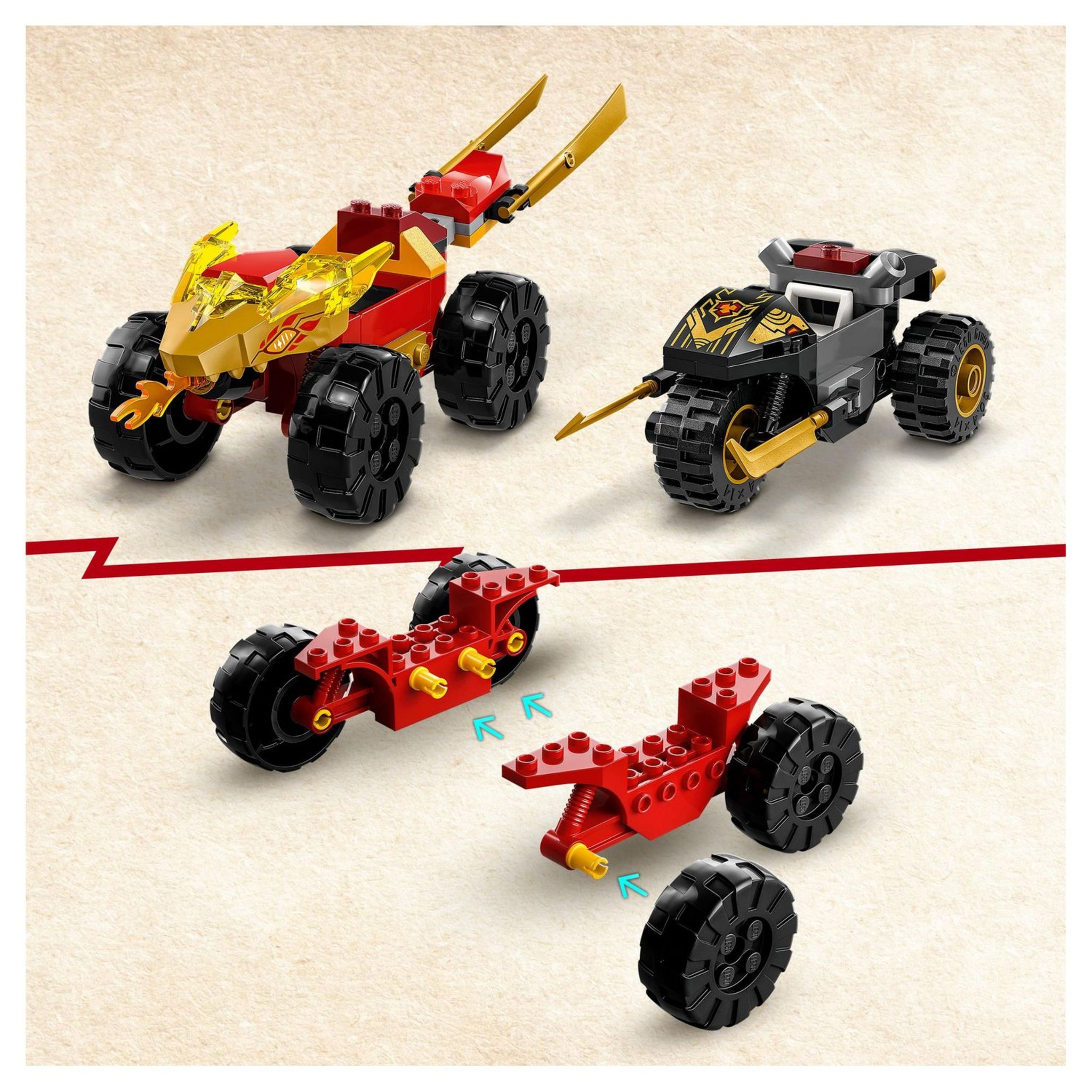 Voir la diapositive 6 : LEGO NINJAGO 71789 - Le Combat en Voiture et en Moto de Kai et Ras, Jouet Ninja de Course pour Enfants Dès 4 Ans avec 2 Minifigurines de la série TV L'ascension des Dragons