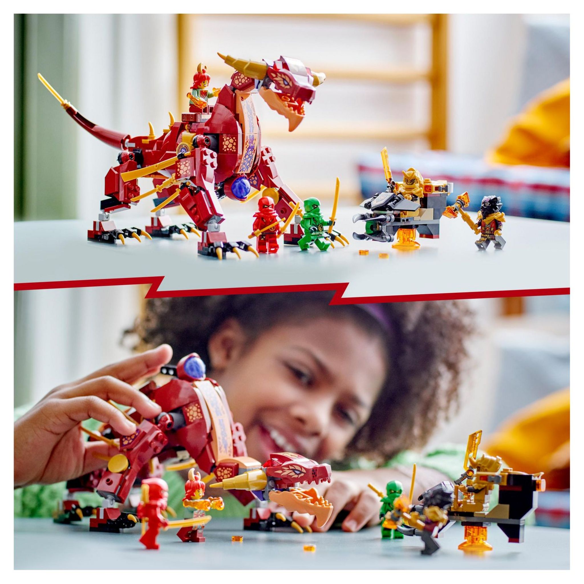 Voir la diapositive 2 : LEGO NINJAGO 71793 - Le Dragon de Lave Transformable de Heatwave, Jouet de Construction Ninja avec Figurine de Créature Mythique, plus Minifigurines Kai et Lloyd