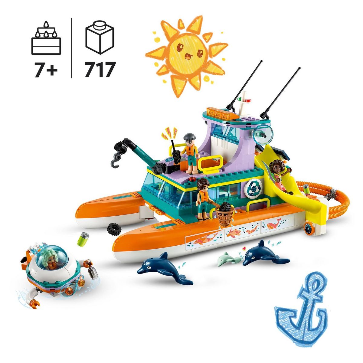 LEGO Friends 41734 - Le Bateau de Sauvetage en Mer, Jouet avec Figurines de Dauphins et Sous-Marin, Jeu Éco Éducatif, Cadeau avec Animaux pour Enfants