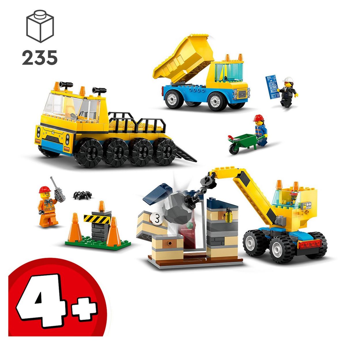 LEGO City 60391 - Les Camions de Chantier et la Grue à Boule de Démolition, Jouet de Construction avec Pelleteuse, Benne et Engin de Transport