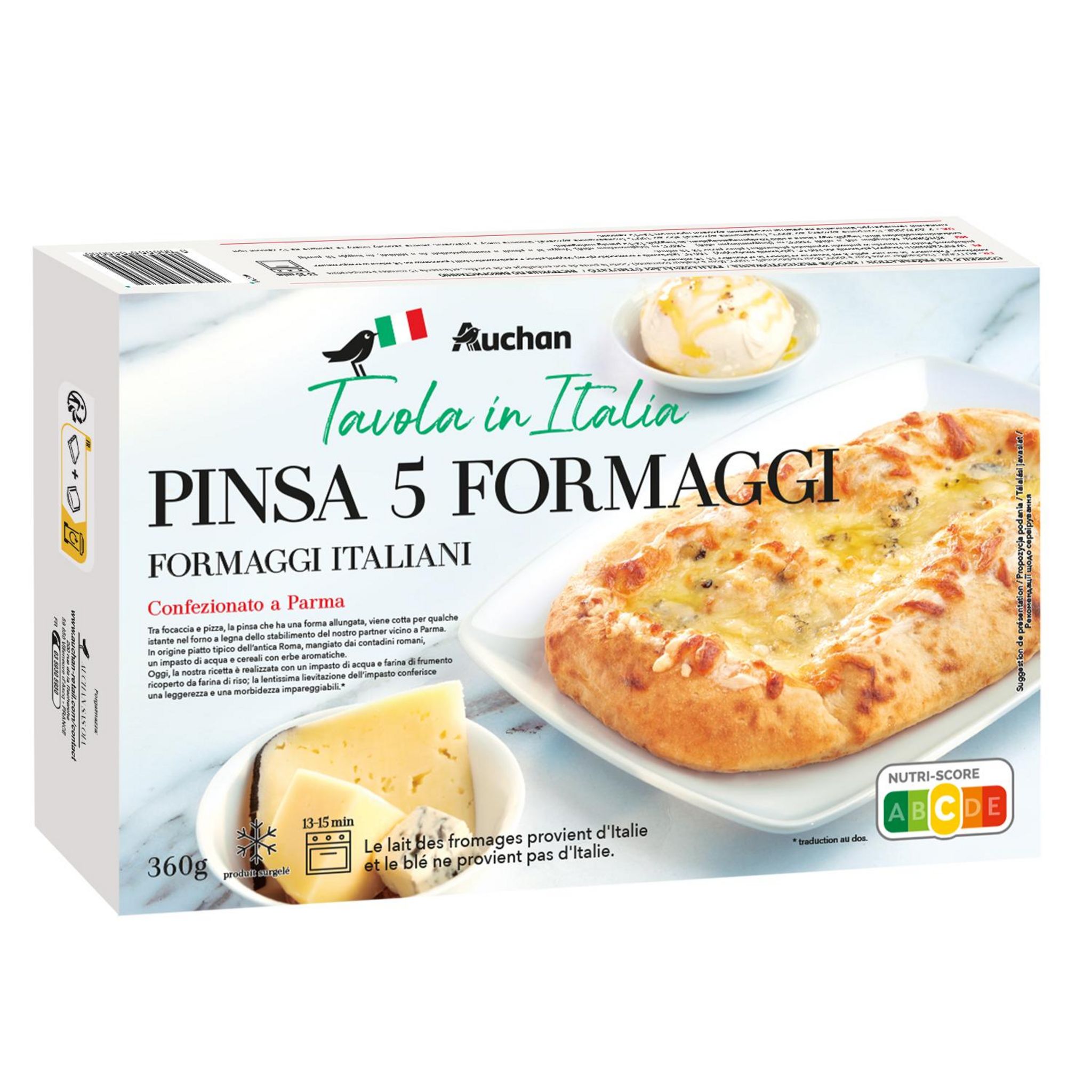 Voir la diapositive 2 : AUCHAN TAVOLA IN ITALIA Pizza pinsa 5 formaggi 360g