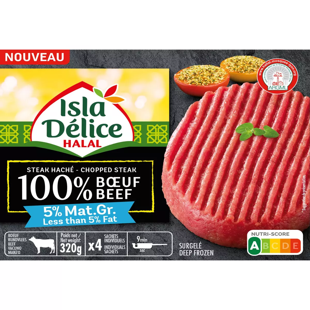 ISLA DELICE Steak haché pur boeuf hallal 5%MG 4 pièces 320g