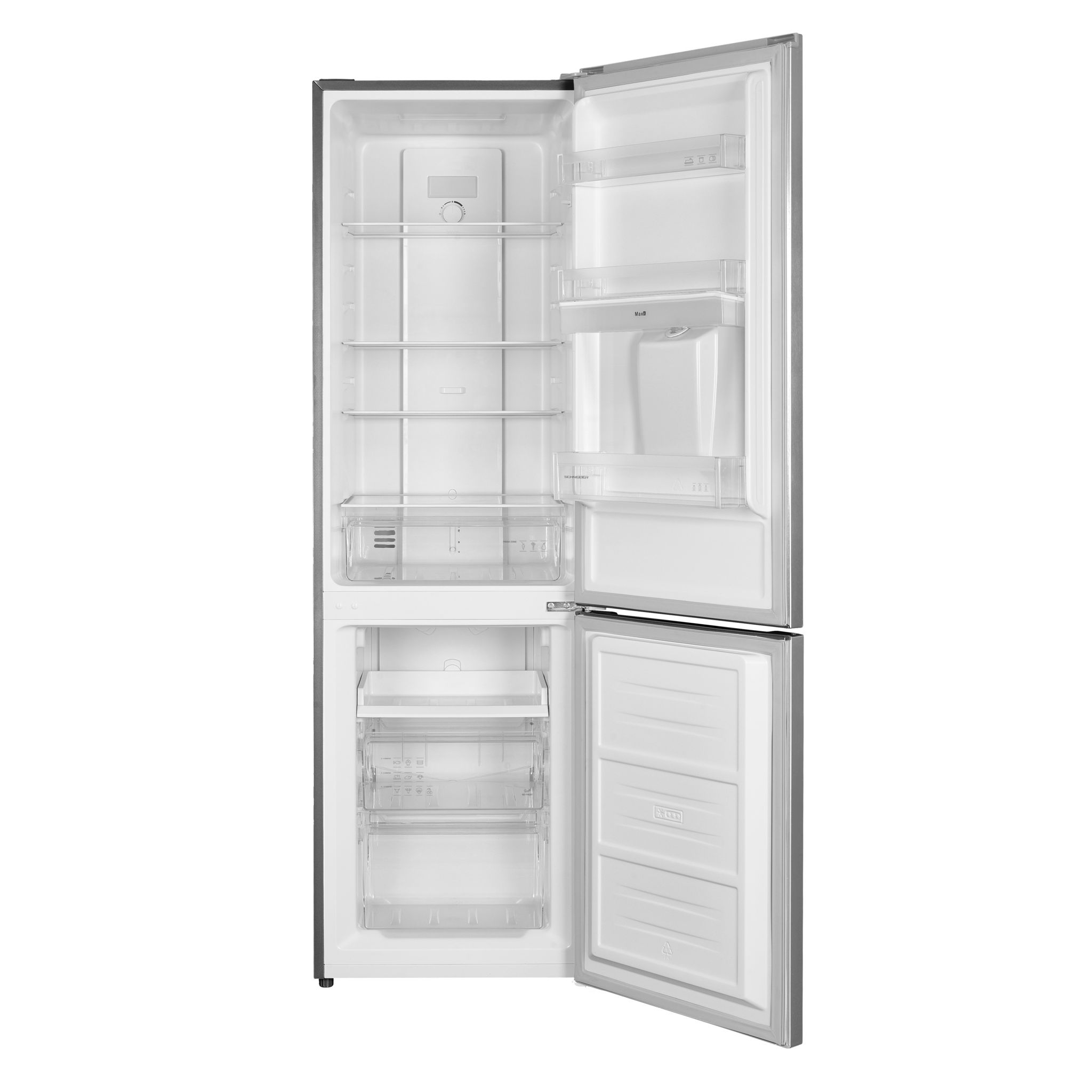 Voir la diapositive 2 : SCHNEIDER Réfrigérateur combiné SCB251NFWDS, 251 L, Froid ventilé, F