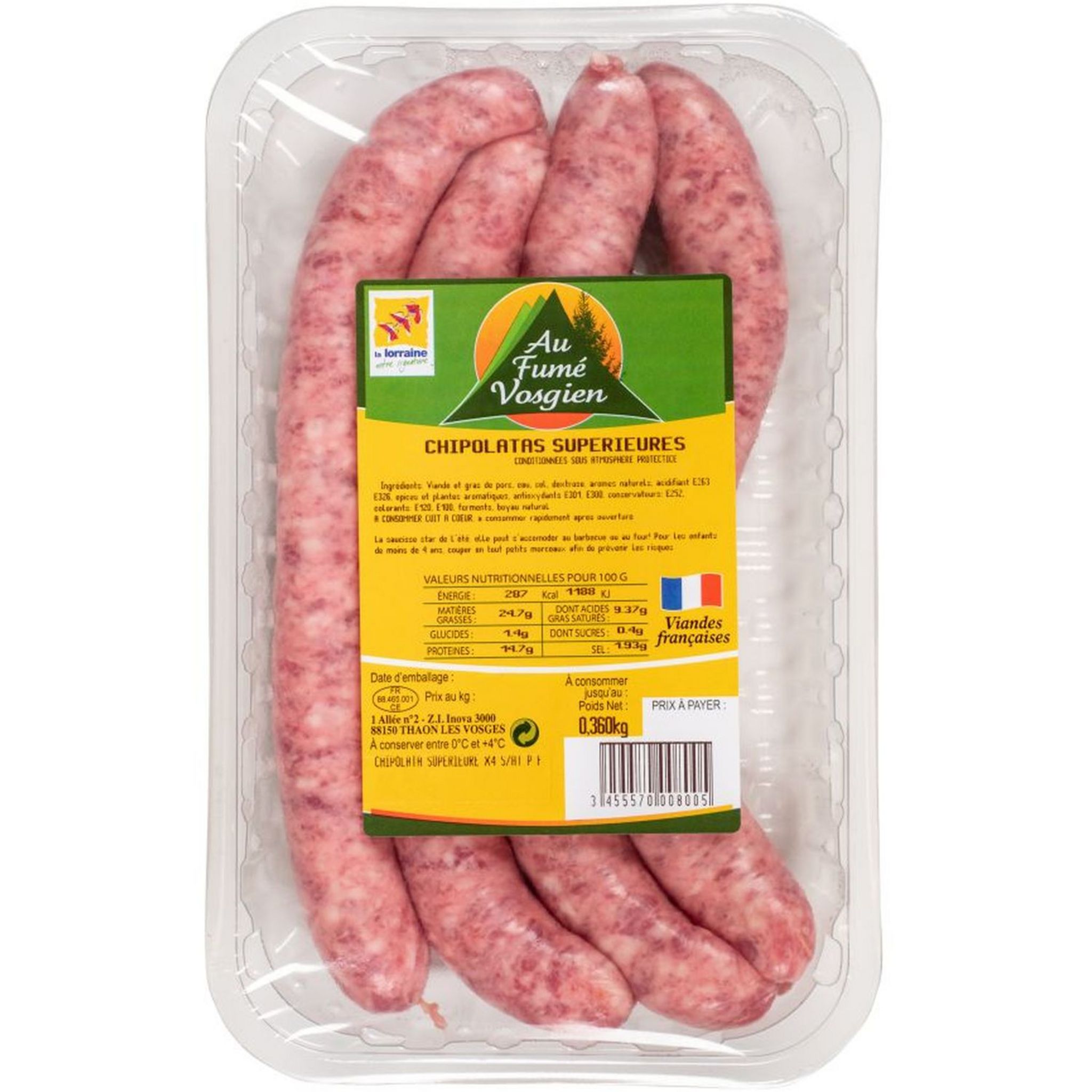 AU FUMÉ VOSGIEN Chipolatas supérieures 4 pièces 360g