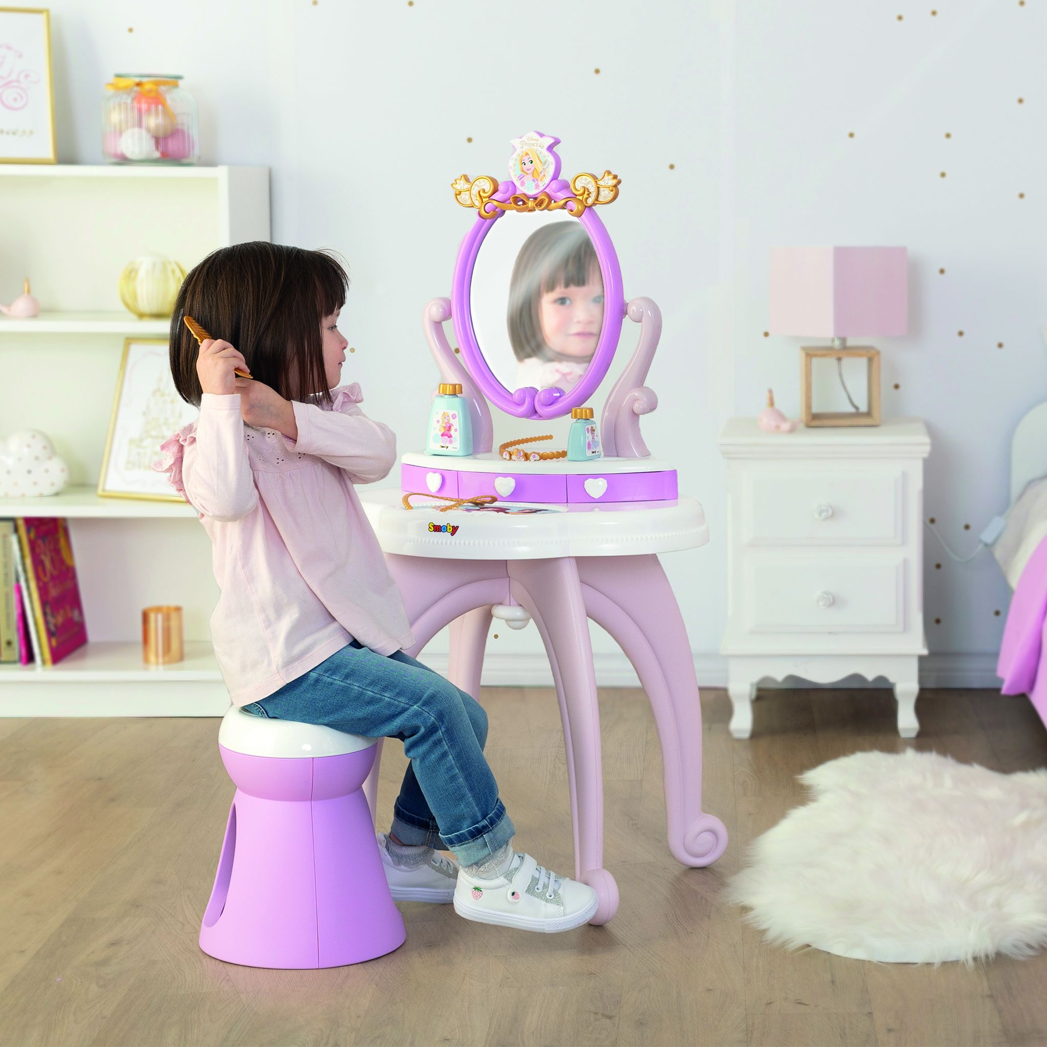 Voir la diapositive 4 : SMOBY Jeu de coiffure Smoby Coiffeuse Disney Princess 2 en 1 avec tabouret