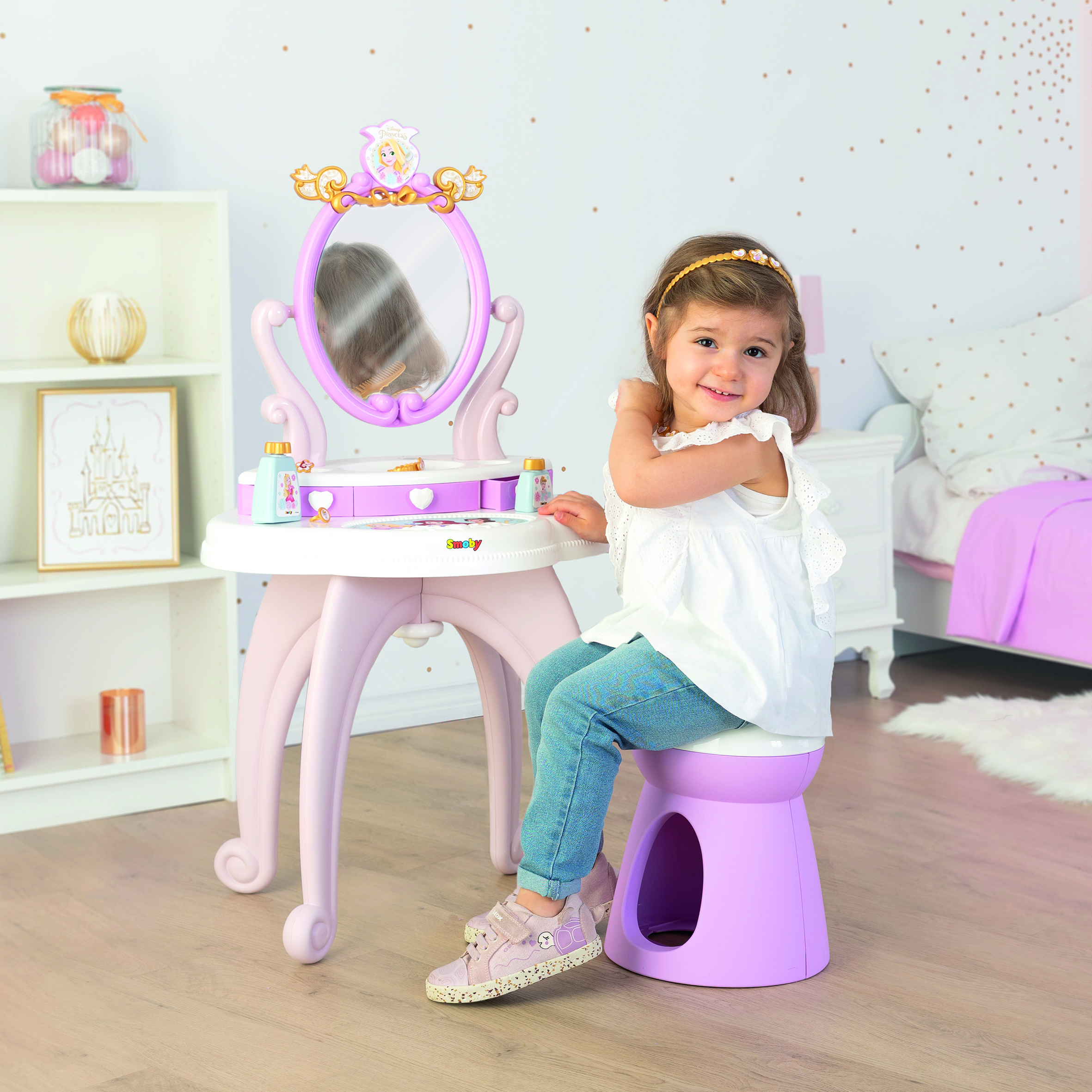 Voir la diapositive 5 : SMOBY Jeu de coiffure Smoby Coiffeuse Disney Princess 2 en 1 avec tabouret