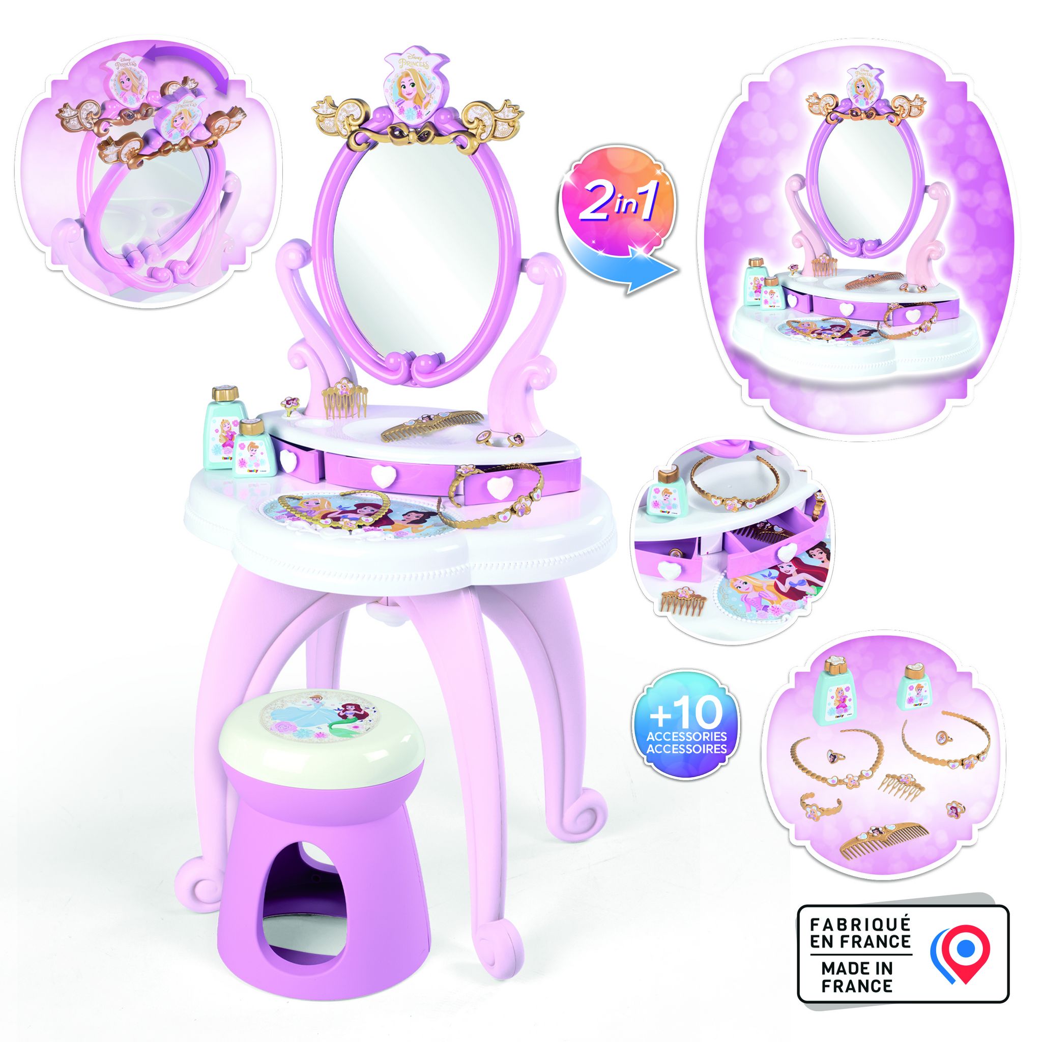 Voir la diapositive 7 : SMOBY Jeu de coiffure Smoby Coiffeuse Disney Princess 2 en 1 avec tabouret