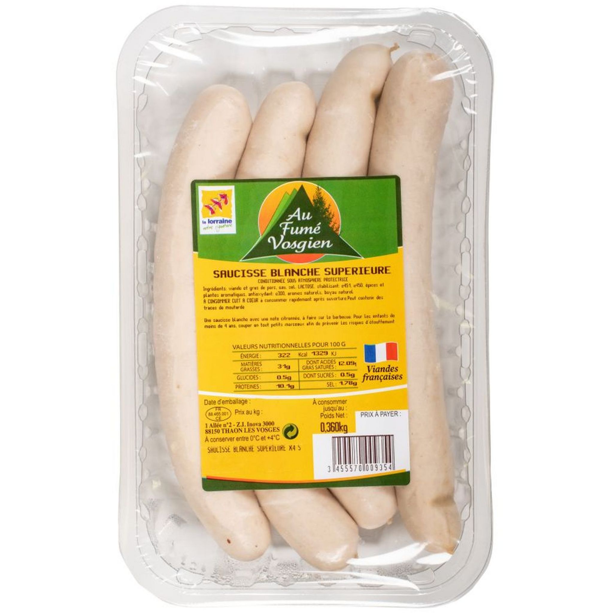 AU FUMÉ VOSGIEN Saucisse blanche supérieur 4 pièces 360g