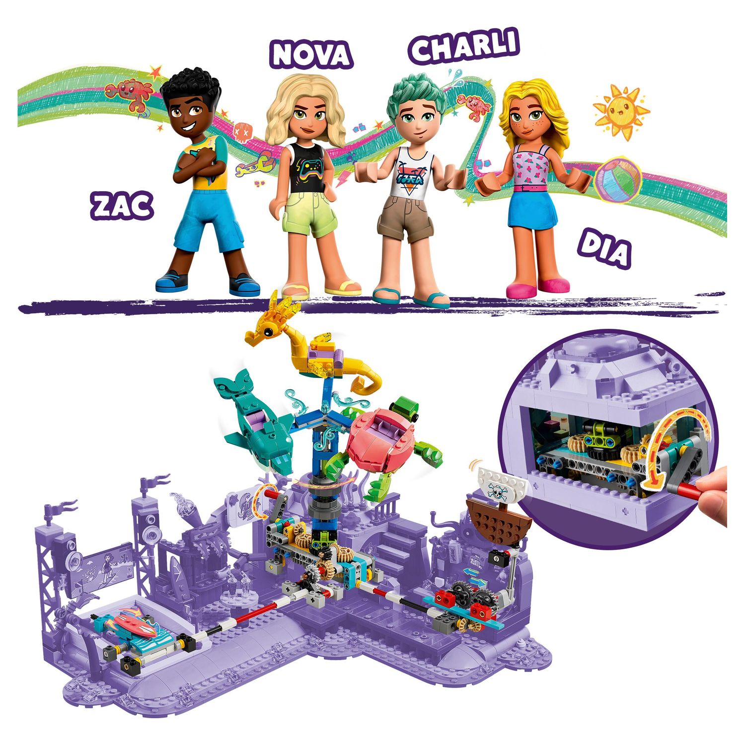Voir la diapositive 6 : LEGO Friends 41737 - Le Parc d'Attractions à la Plage, Jouet de Construction Avancée, avec Manège et Machine à Vagues et Figurines Dauphin, Tortue, Hippocampe