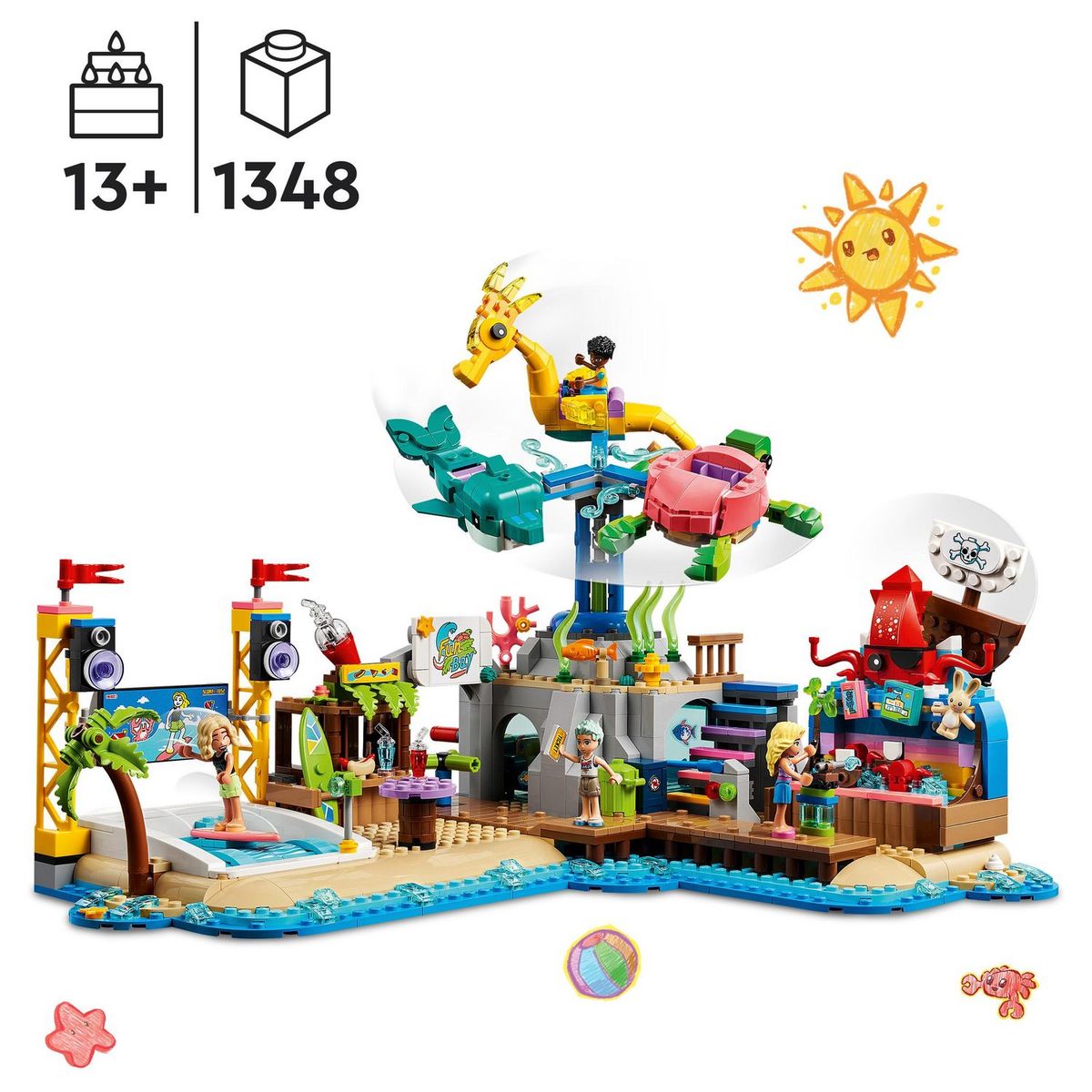LEGO Friends 41737 - Le Parc d'Attractions à la Plage, Jouet de Construction Avancée, avec Manège et Machine à Vagues et Figurines Dauphin, Tortue, Hippocampe