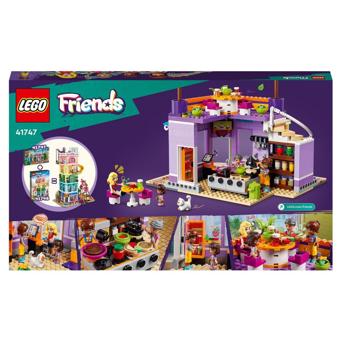 LEGO Friends 41747 - La Cuisine Collective de Heartlake City, Jouet avec Accessoires de Maison, 3 Mini-Poupées plus Figurine Churro le Chat, À Combiner avec le Centre Collectif