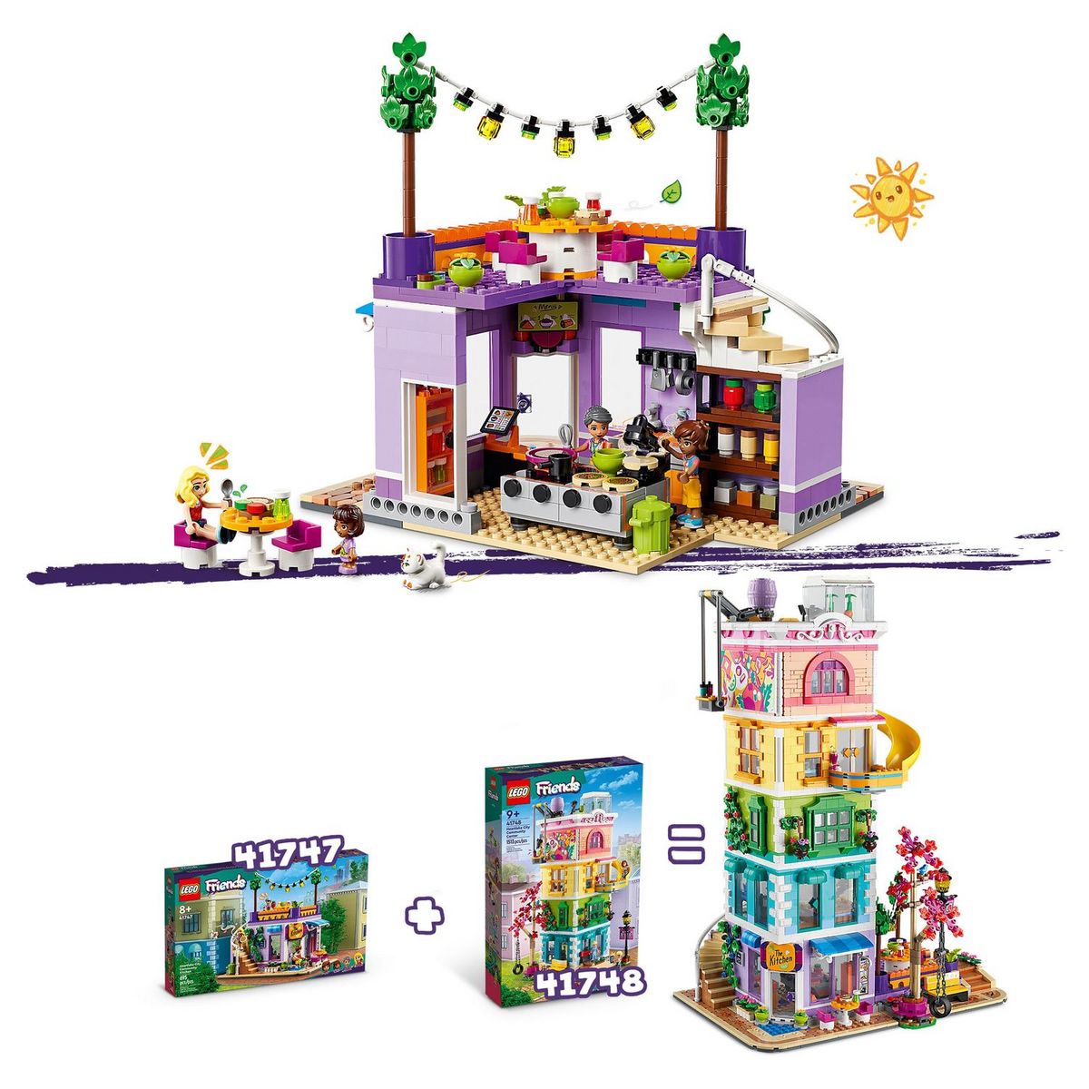 LEGO Friends 41747 - La Cuisine Collective de Heartlake City, Jouet avec Accessoires de Maison, 3 Mini-Poupées plus Figurine Churro le Chat, À Combiner avec le Centre Collectif