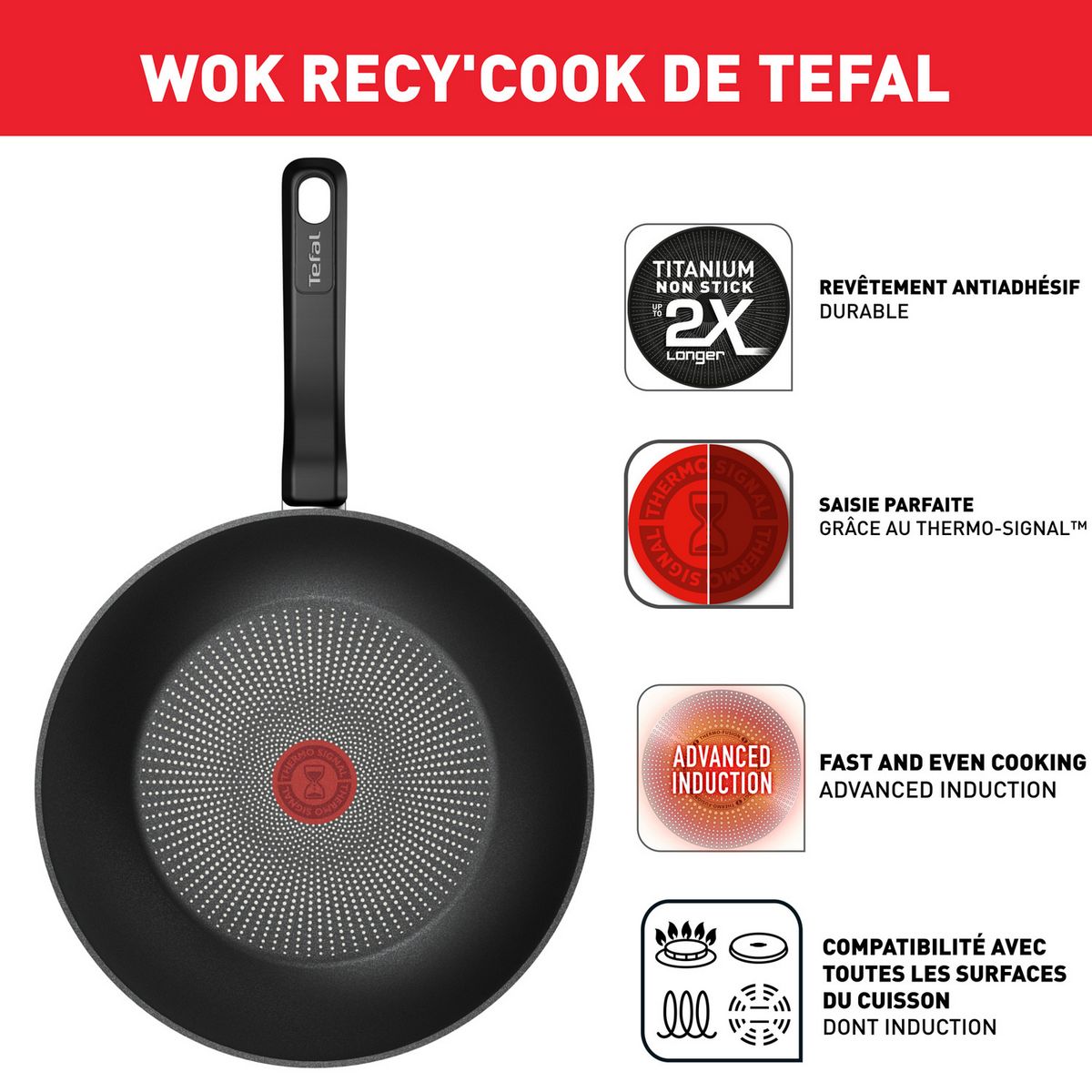 TEFAL Wok 28cm tous feux dont induction RECYCOOK