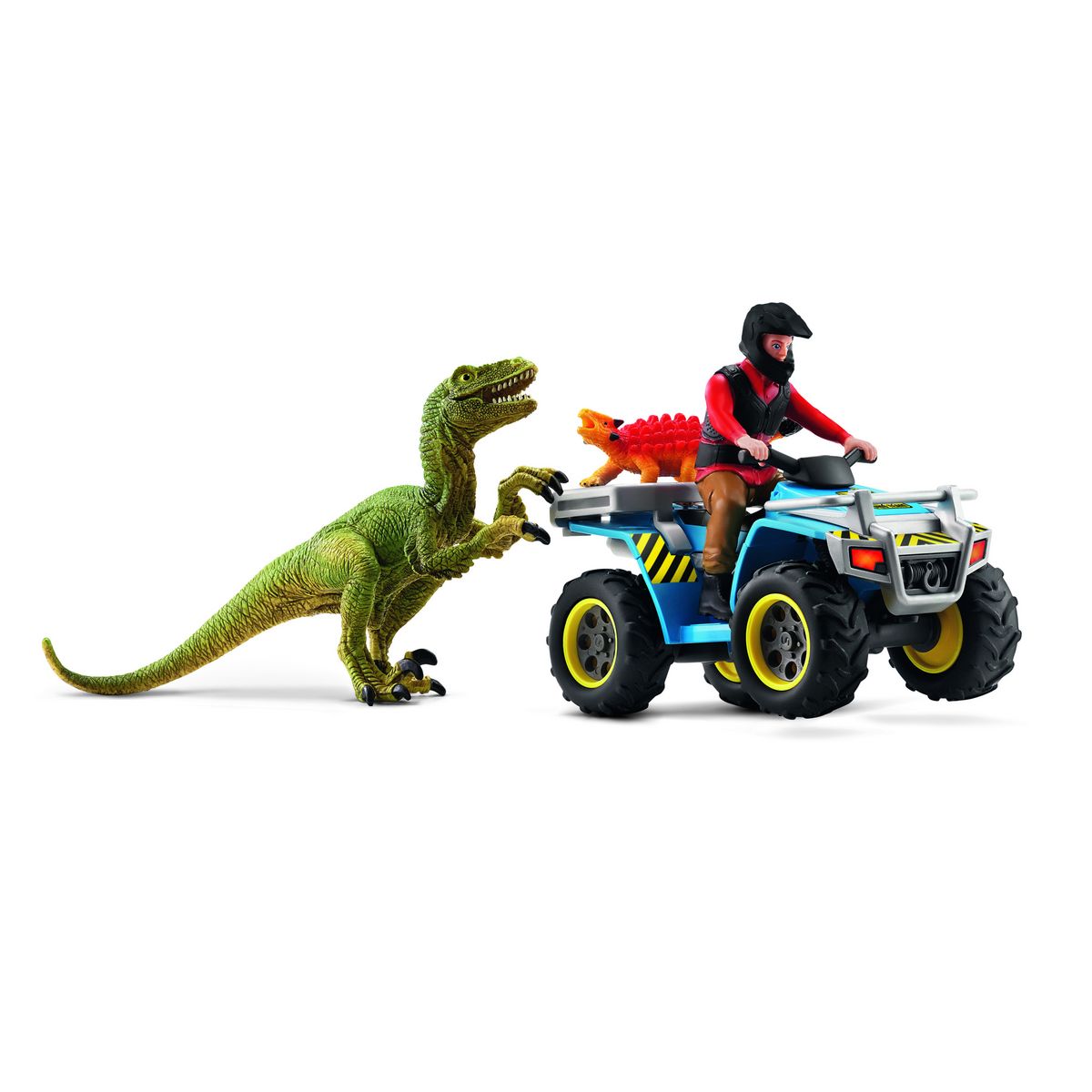 SCHLEICH Fuite sur quad face au vélociraptor