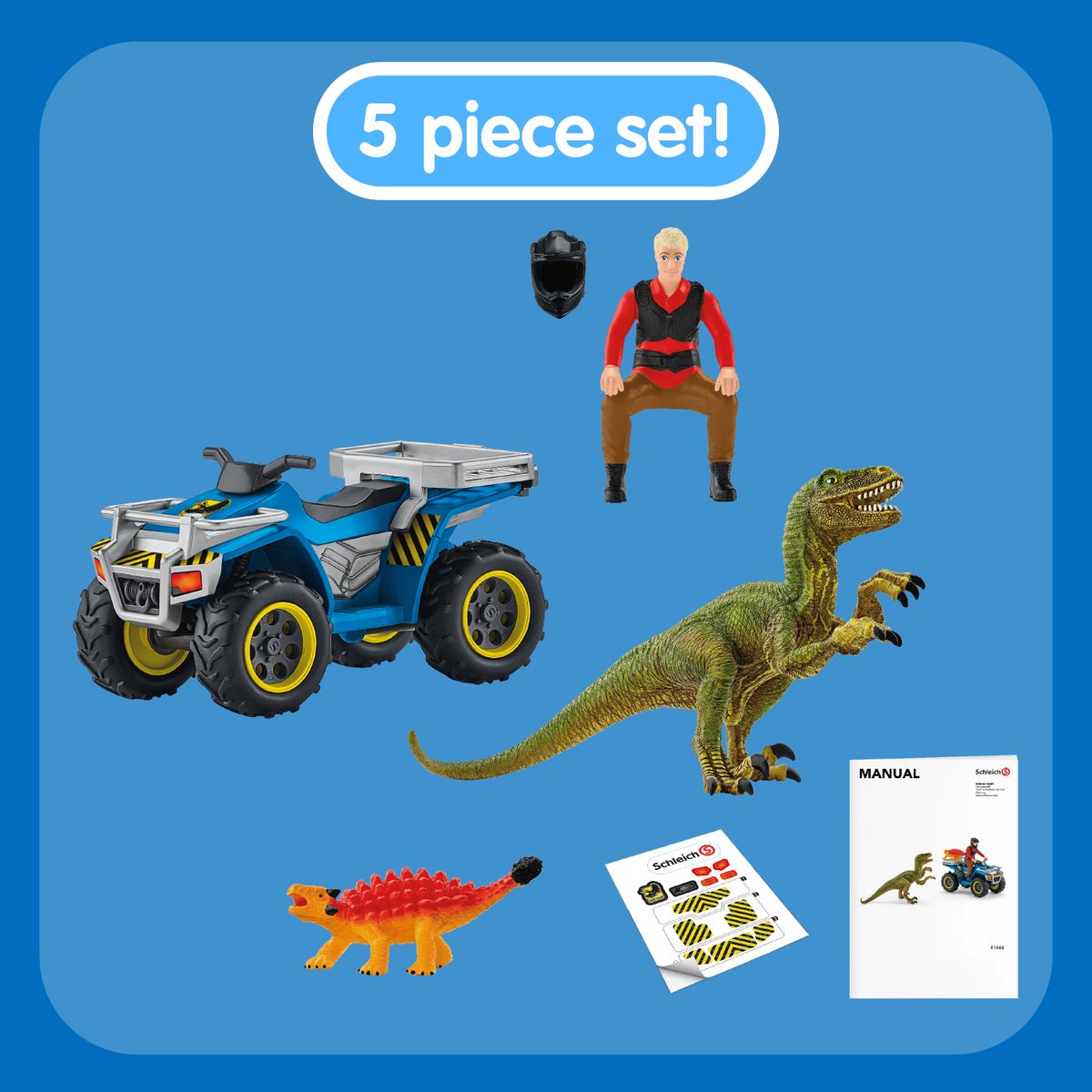 SCHLEICH Fuite sur quad face au vélociraptor