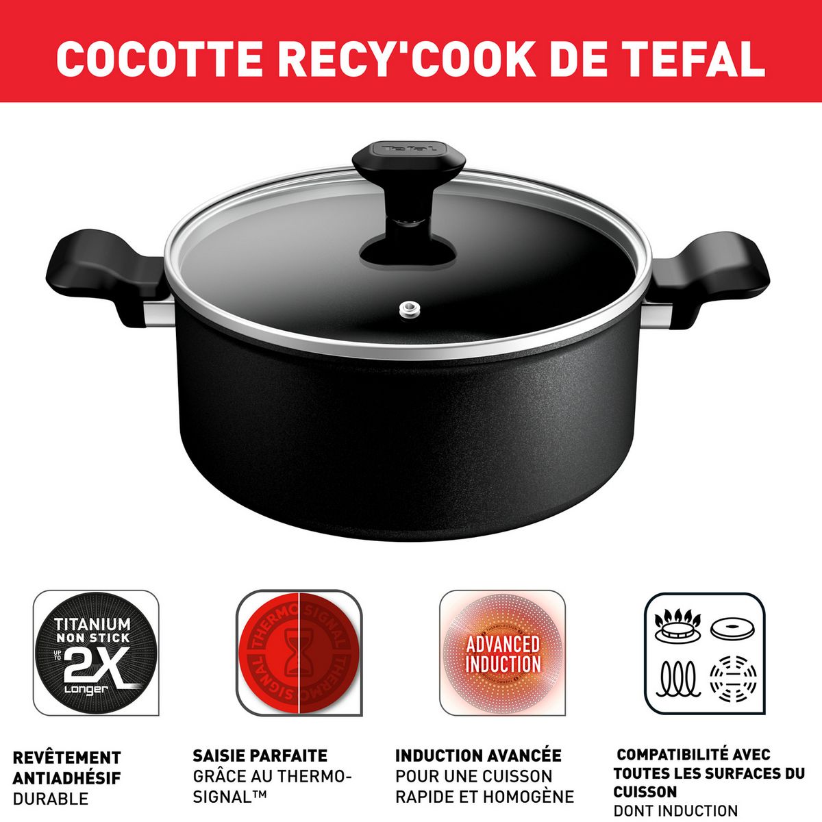 TEFAL Faitout 24cm avec couvercle en verre tous feux dont induction RECYCOOK