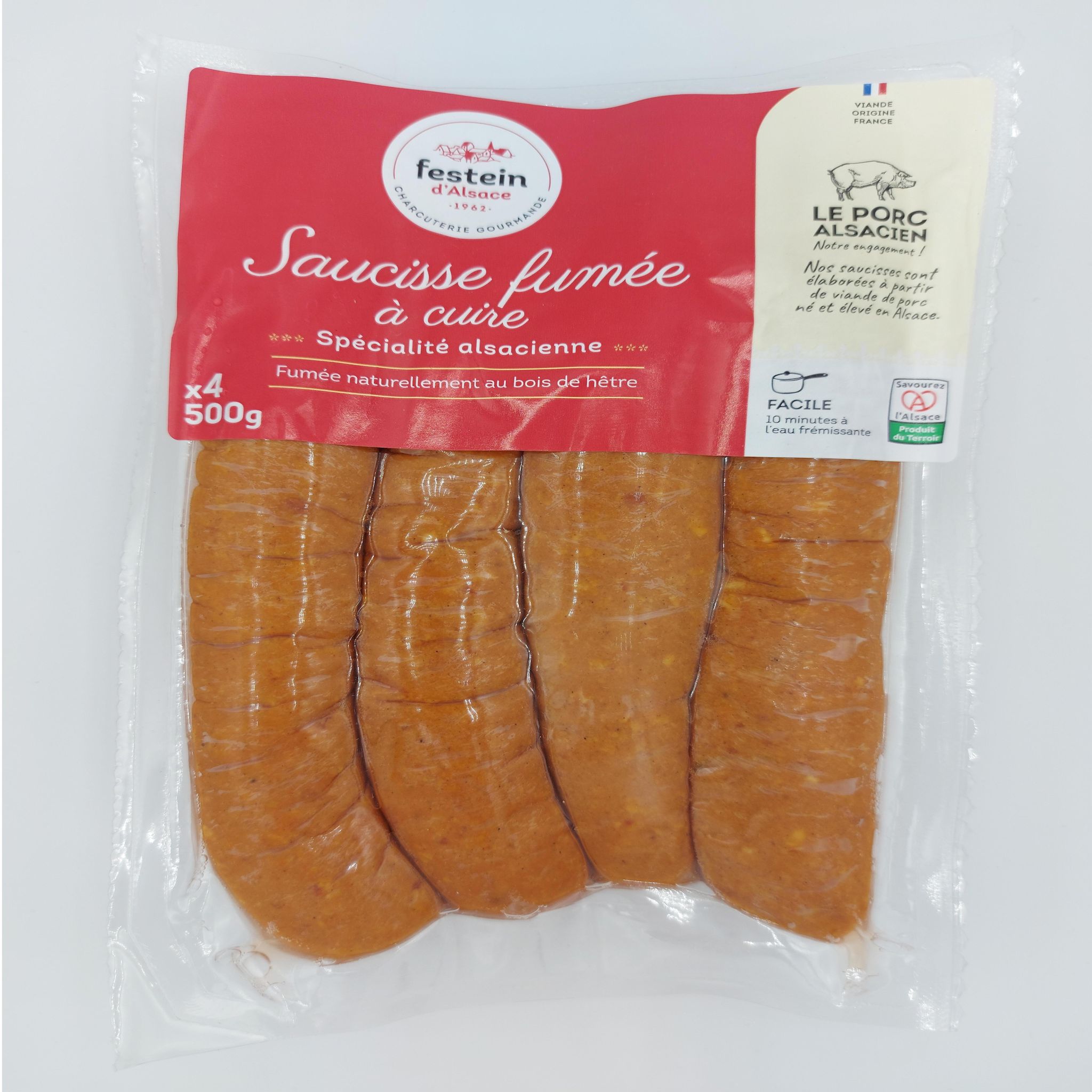 FESTEIN D'ALSACE Saucisse fumée à cuire 4 pièces 500g