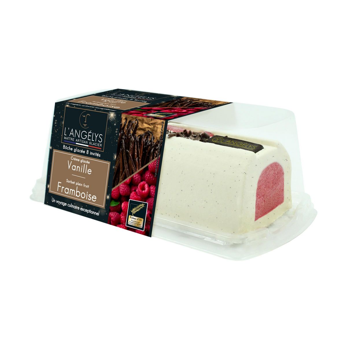 L'ANGELYS Bûche glacée crème glacée vanille Tahiti et sorbet framboise 6-8 parts 500g