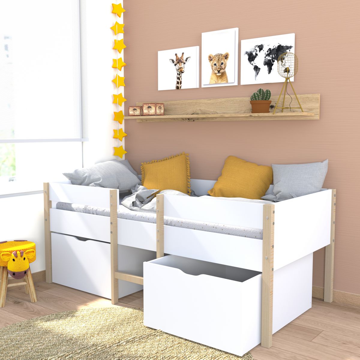 Lit enfant mi hauteur 90X190cm avec échelle et 2 tiroirs + sommier OLLIE