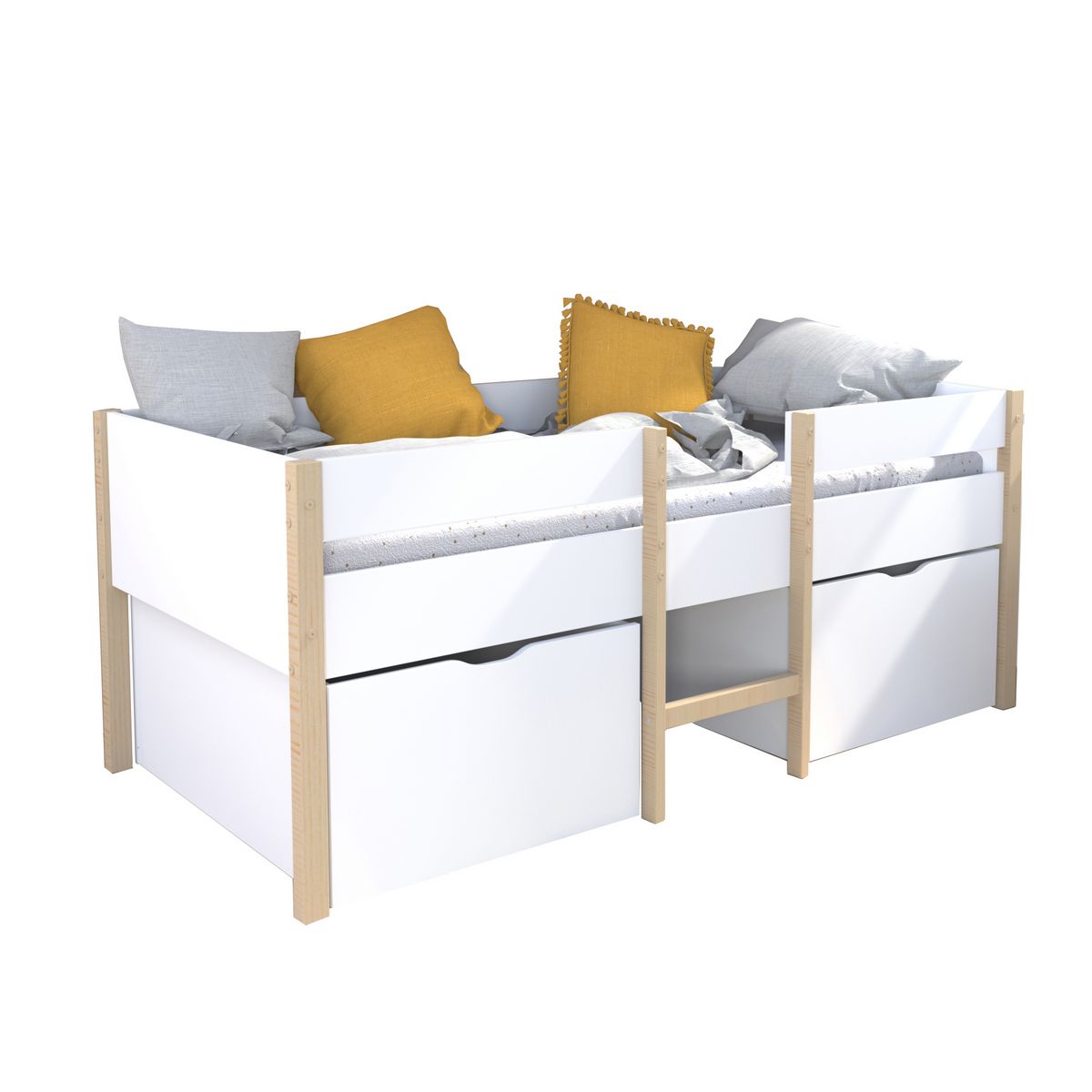 Lit enfant mi hauteur 90X190cm avec échelle et 2 tiroirs + sommier OLLIE