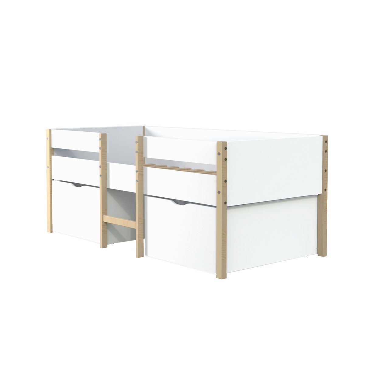 Lit enfant mi hauteur 90X190cm avec échelle et 2 tiroirs + sommier OLLIE