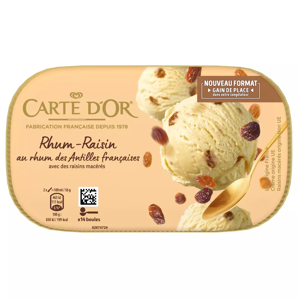CARTE D'OR Crème glacée saveur rhum raisin 394g