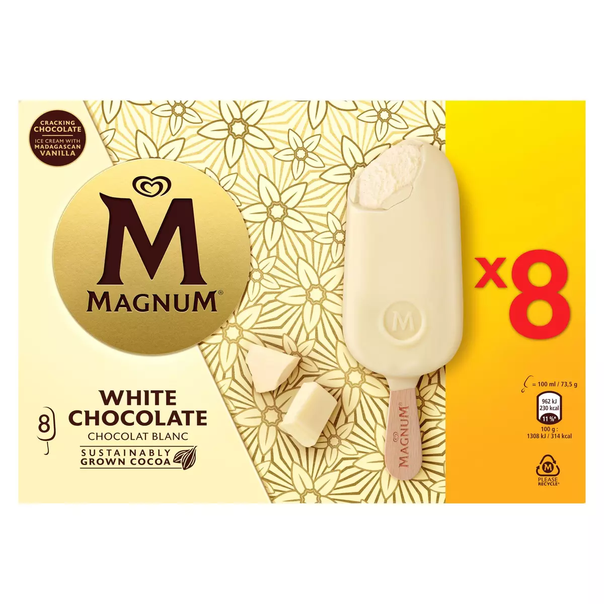 MAGNUM Bâtonnet glacé chocolat blanc 8 pièces 588g