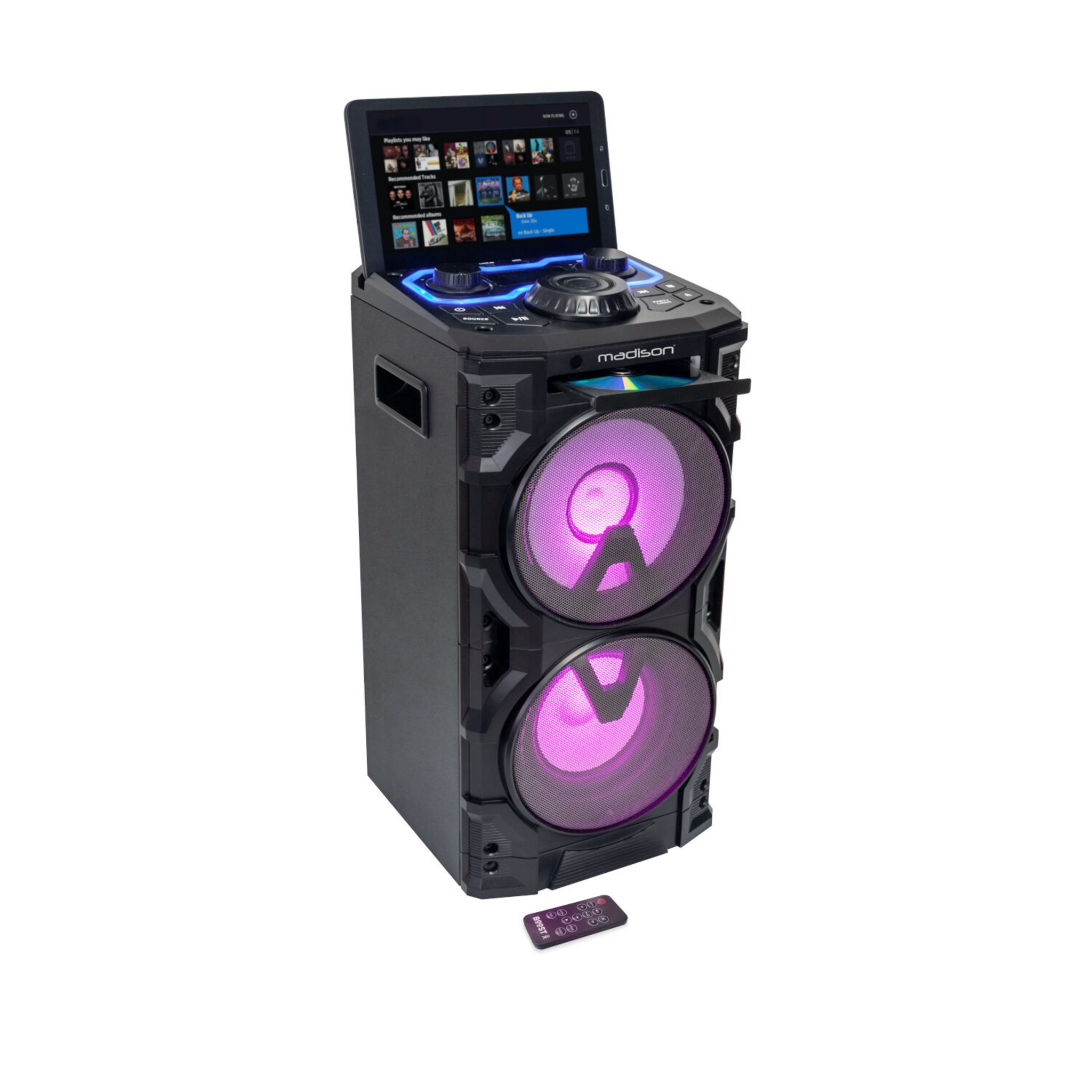 Voir la diapositive 2 : MADISON Enceinte active 2 voies Powersound 300 avec lecteur CD, USB, Bluetooth et télécommande.